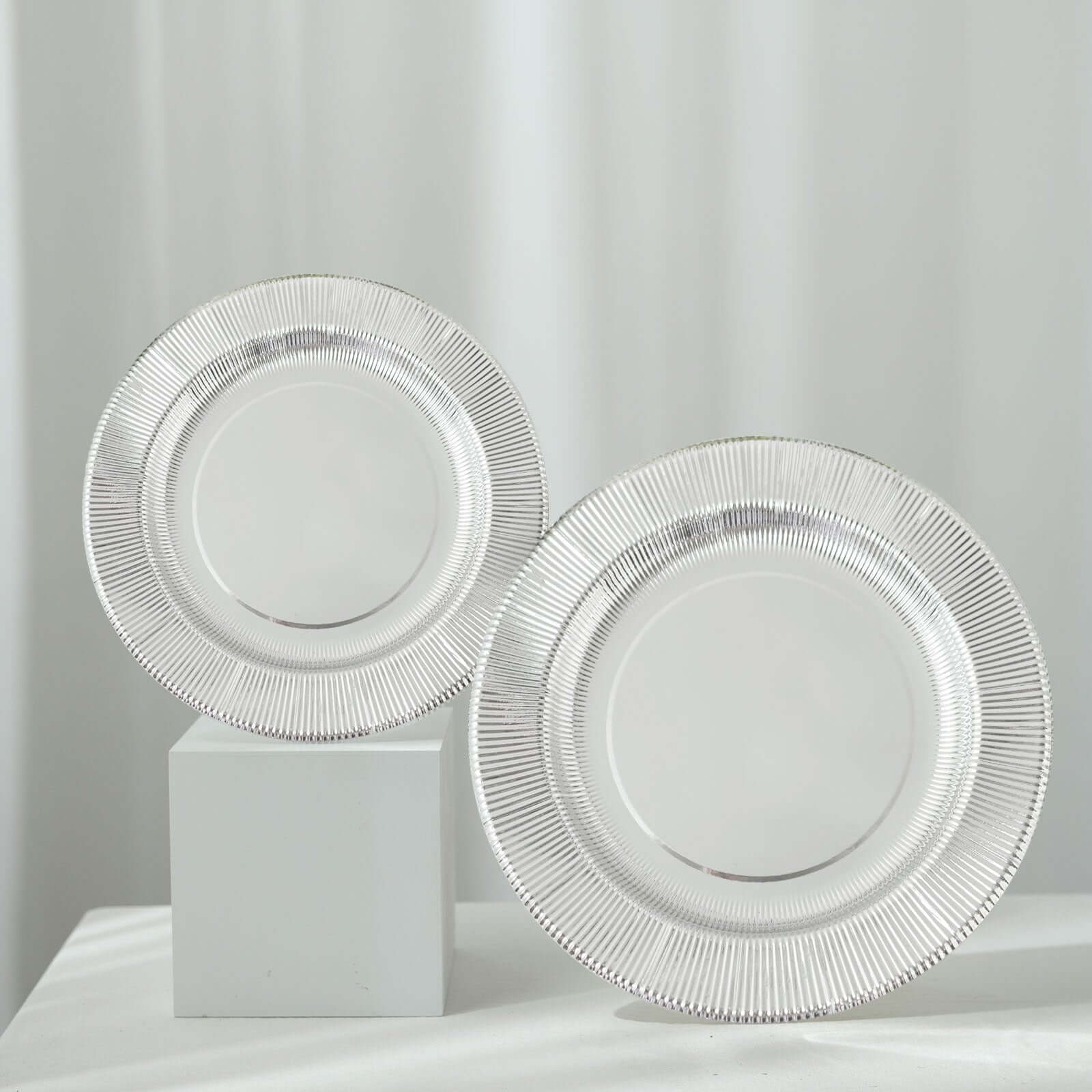 25-Pack Paper 10" Round Dinner Plates in Metallic Silver Sunray Design - Disposable Heavy Duty 350GSM Party Plates