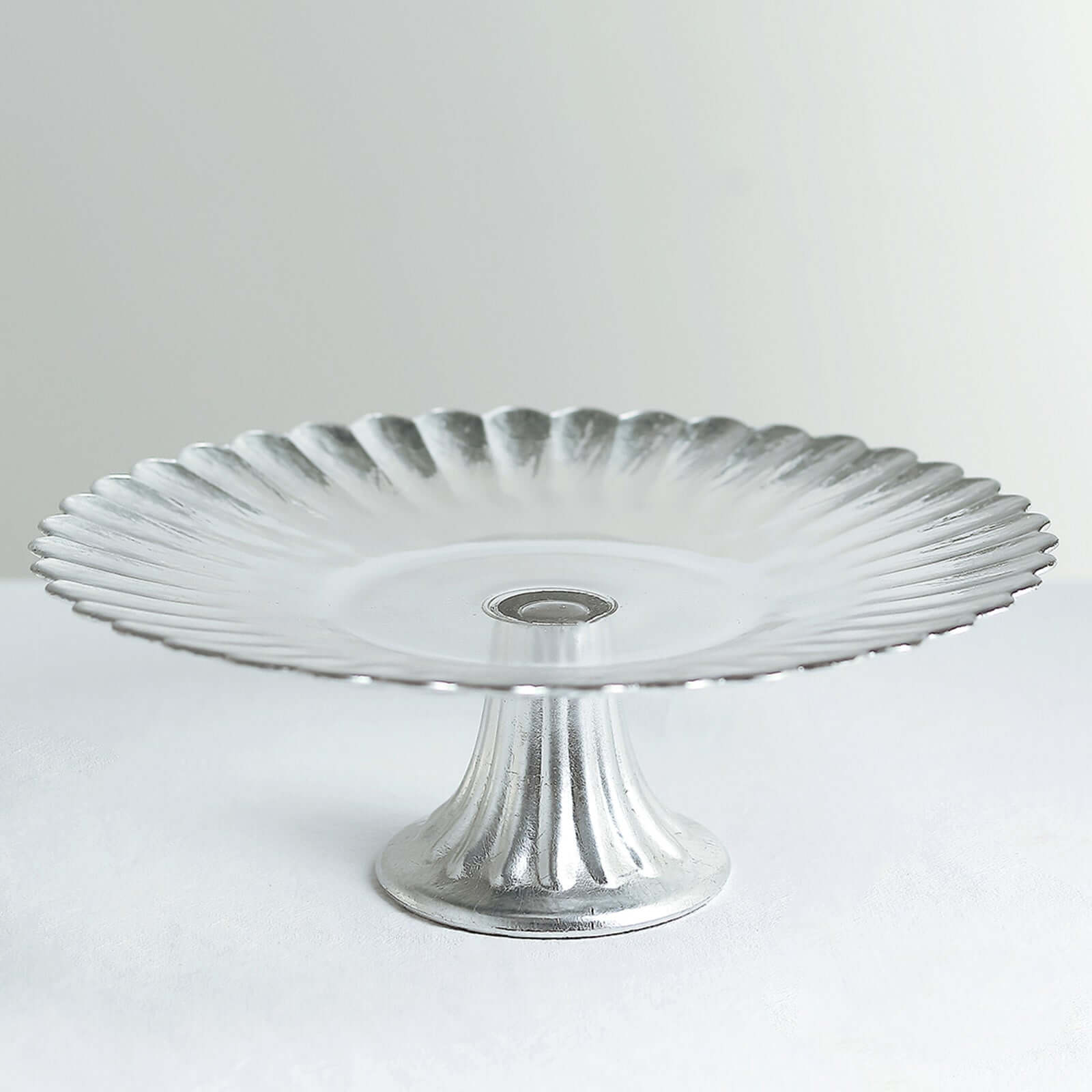 Glass Pedestal Cake Stand Wavy Edge Design Silver - Cupcake Holder and Dessert Display Plate 12"