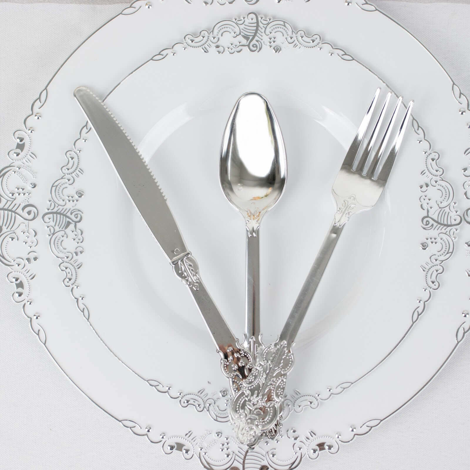 24 Pcs Plastic Silverware Set in Baroque Style Metallic Silver - Heavy Duty Disposable Knife, Fork, and Spoon Set