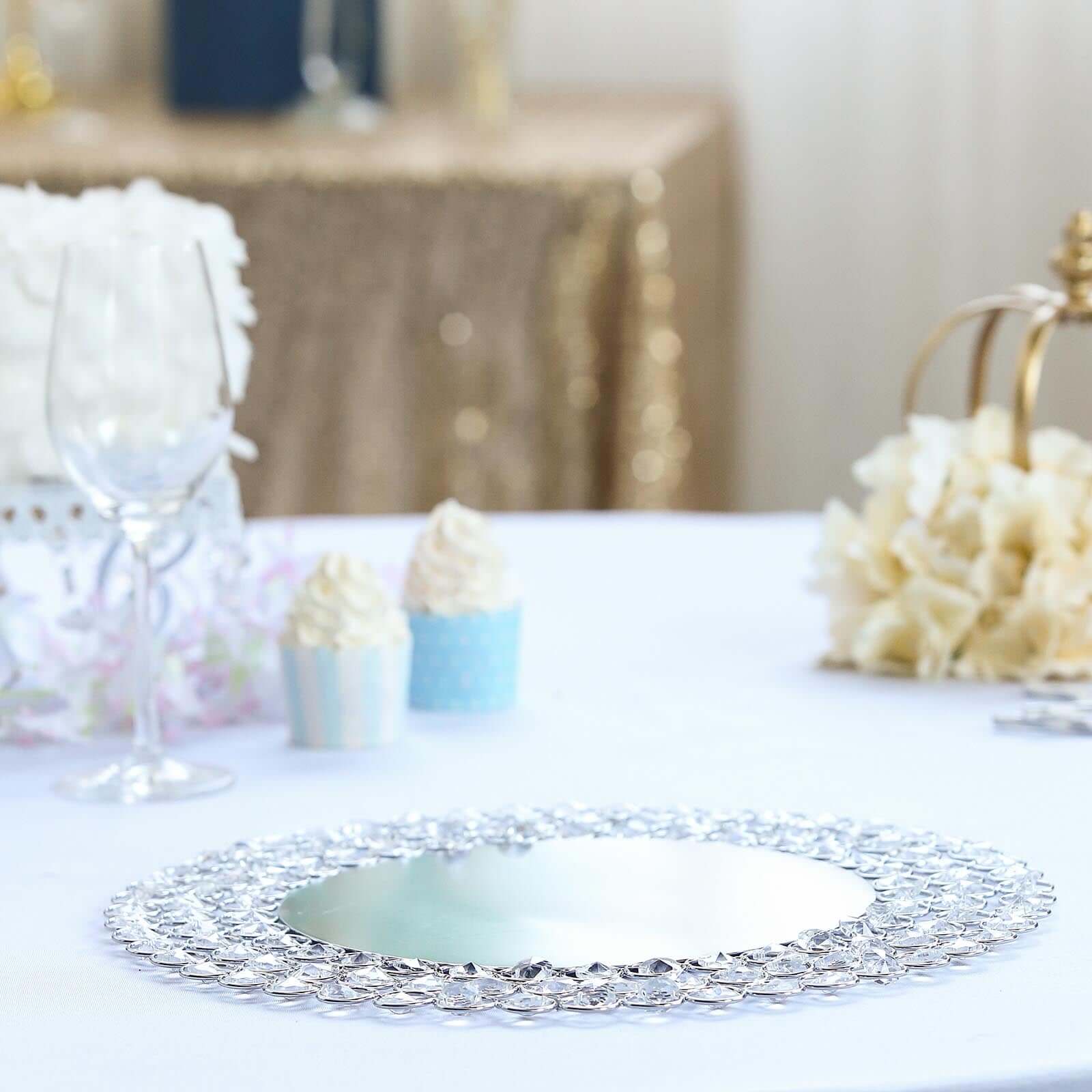 Wired Metal Round Charger Plate 14" in SIlver with Acrylic Crystal Beads, Glamorous Decorative Dinner Charger Tableware