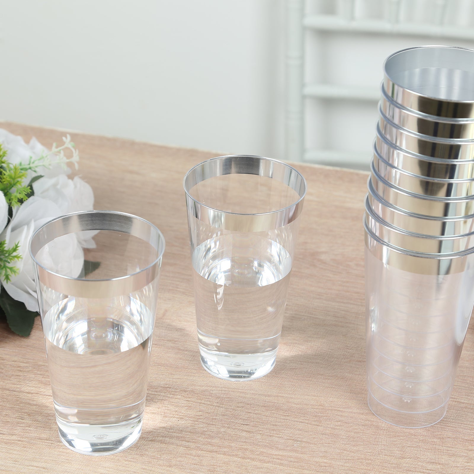 12-Pack Plastic Party Cups Clear with Silver Rim - Durable Disposable Tumblers for Drinks 17oz 5.5"
