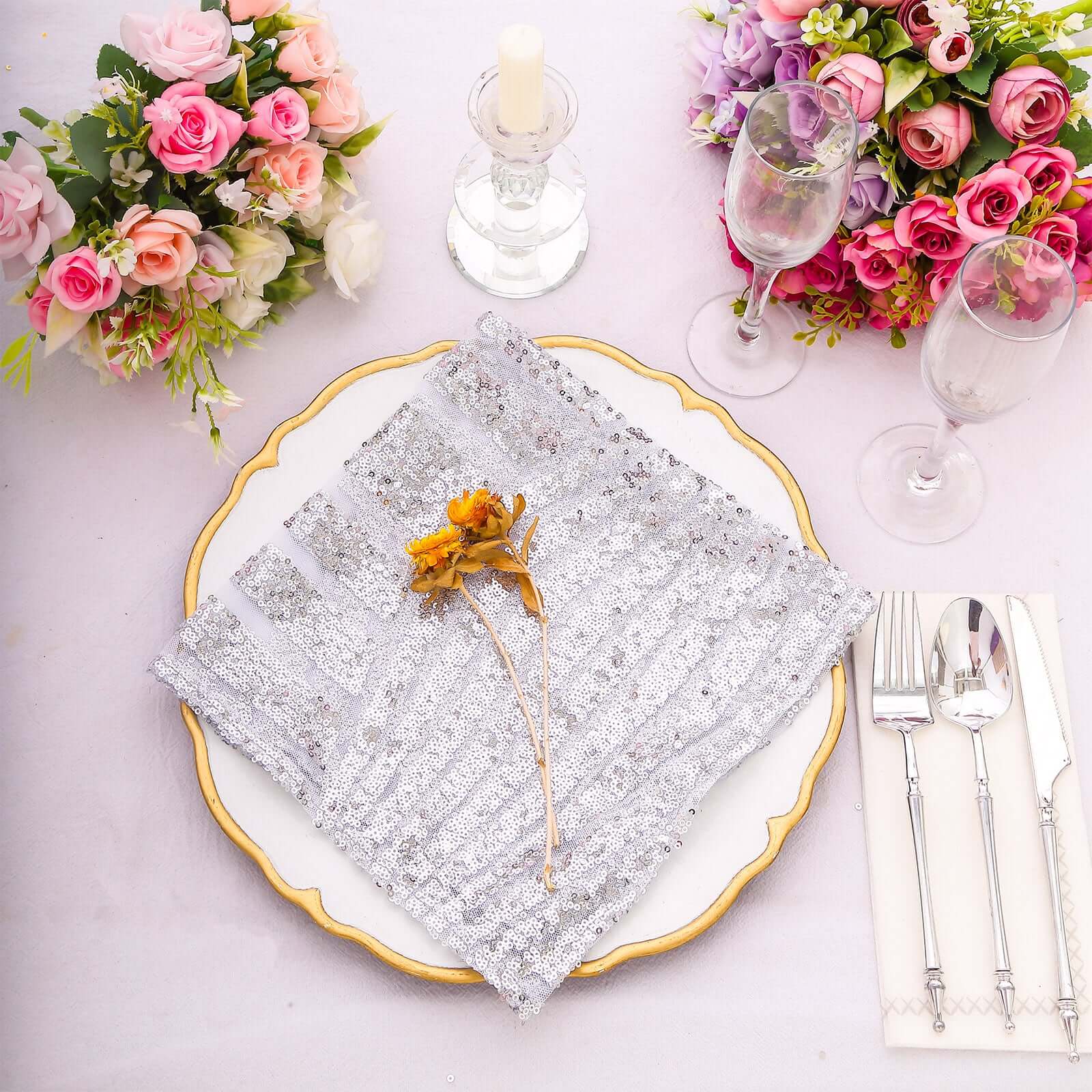 Sequin Napkins 20"x20" Silver - Diamond Pattern Reusable Napkin