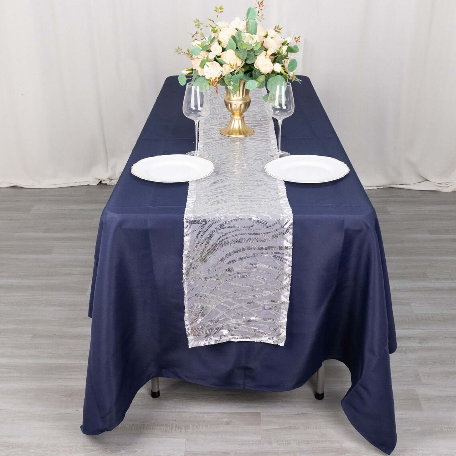 Sequin Mesh 12"x108" Table Runner Silver Stylish Wave Embroidery