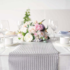 9ft Silver Glamorous Sequin Print Table Runner, Disposable Paper Table Runner