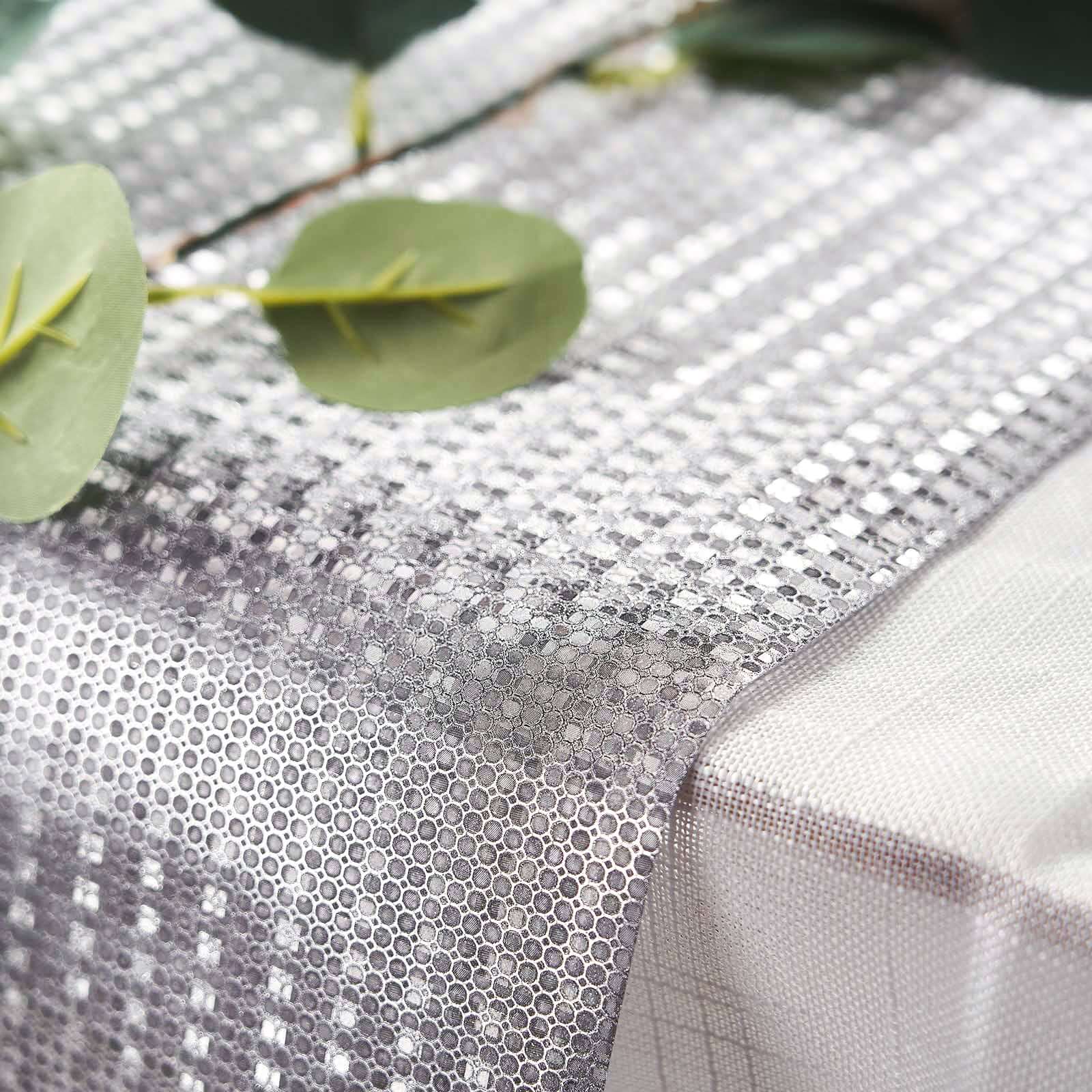 9ft Silver Glamorous Sequin Print Table Runner, Disposable Paper Table Runner