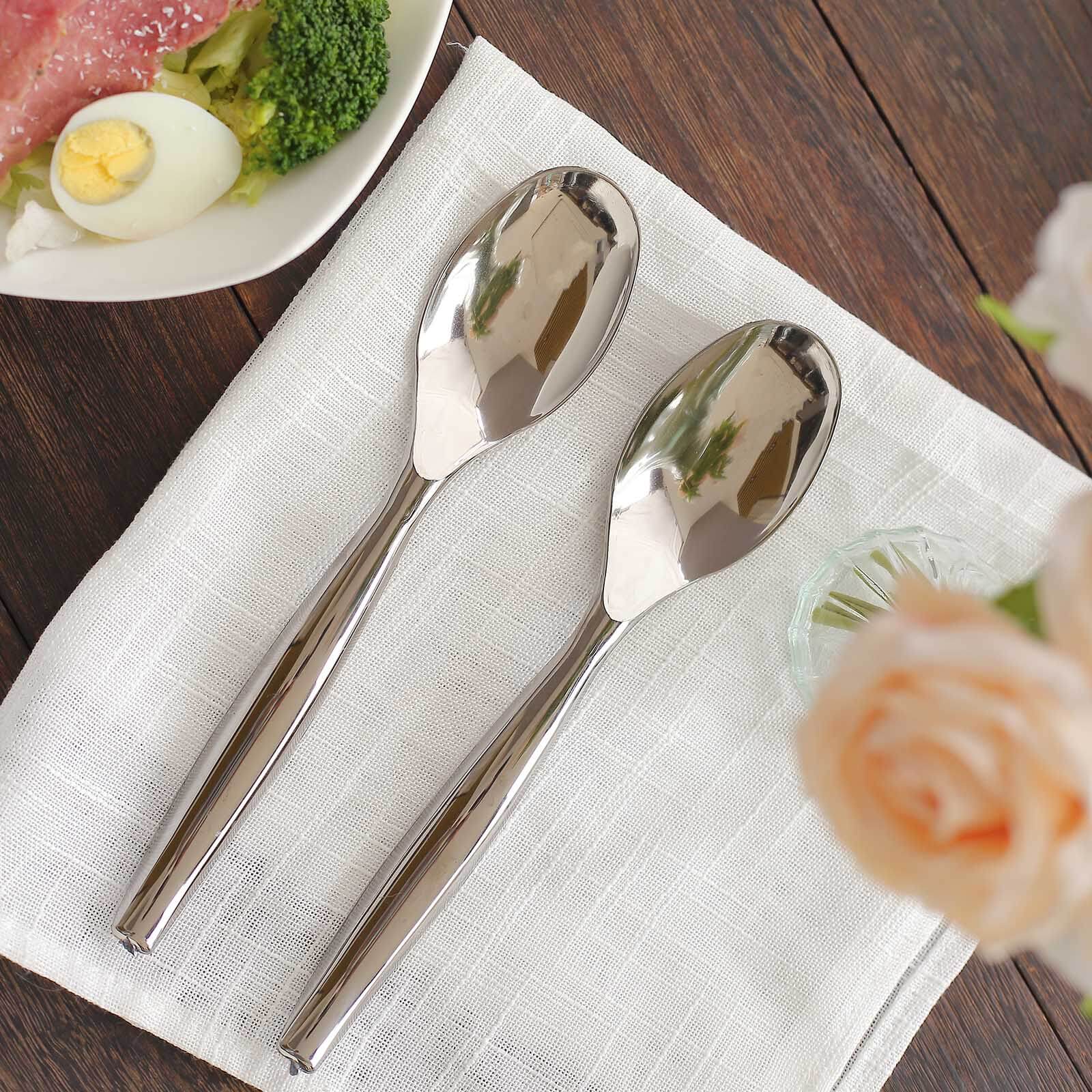 10-Pack Plastic Serving Spoons Silver - Food Safe Durable Large Disposable Classic Serving Utensils with Shiny Metallic Finish for Buffet & Party Tables 10"