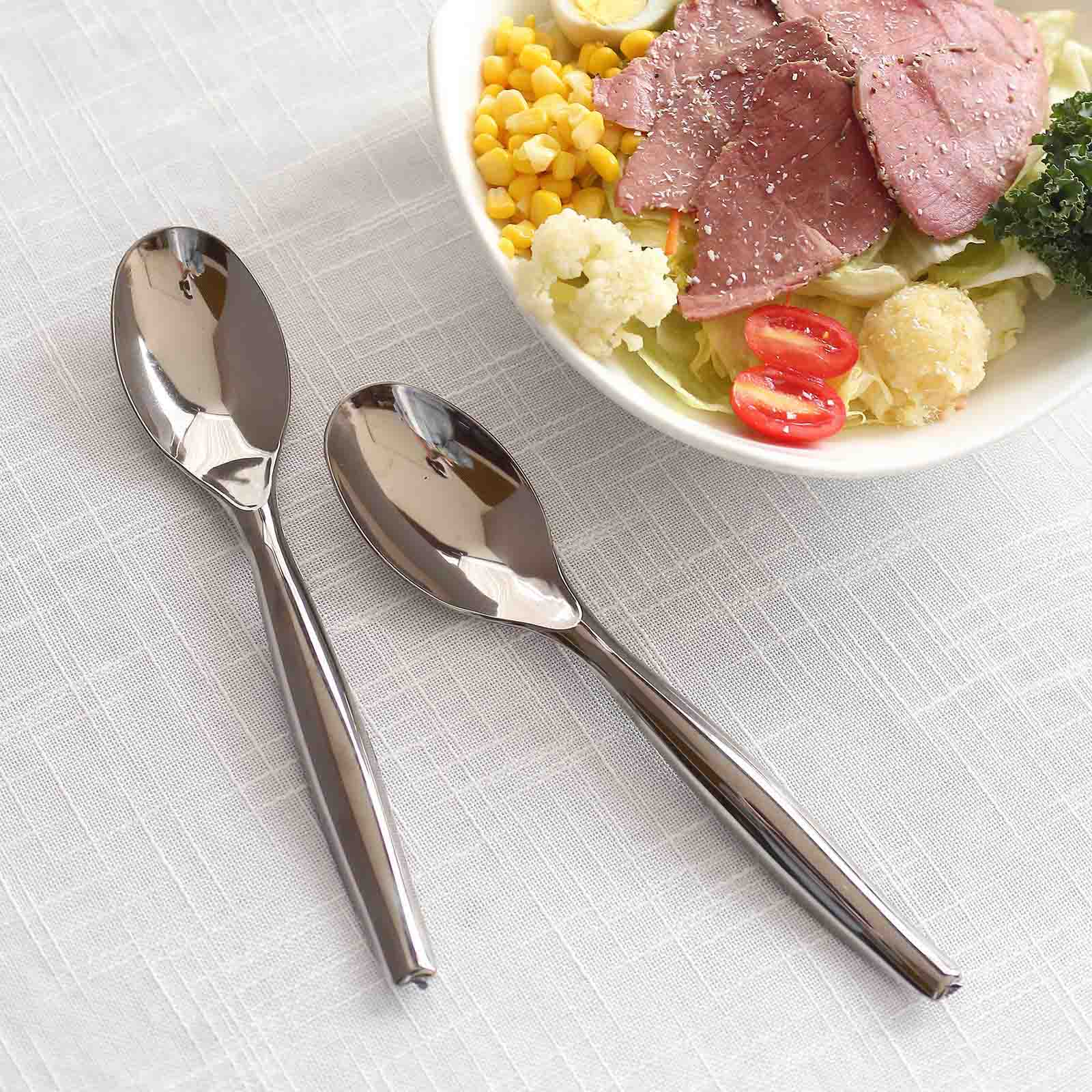 10-Pack Plastic Serving Spoons Silver - Food Safe Durable Large Disposable Classic Serving Utensils with Shiny Metallic Finish for Buffet & Party Tables 10"
