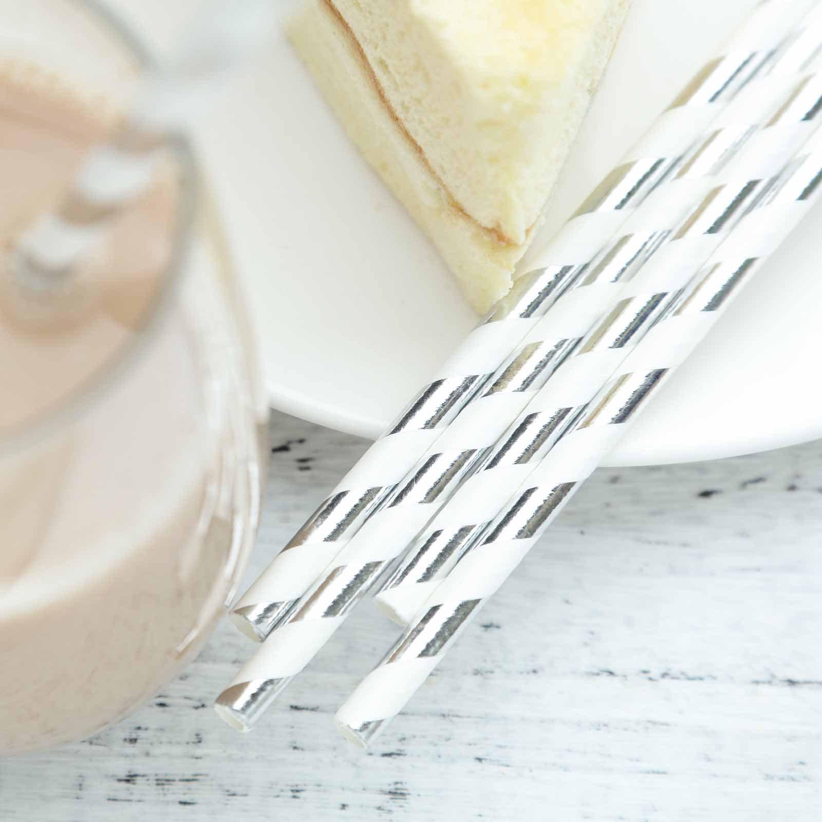 25-Pack Paper Straws White/Silver Striped - Stylish Disposable Straws for Drinks 8"