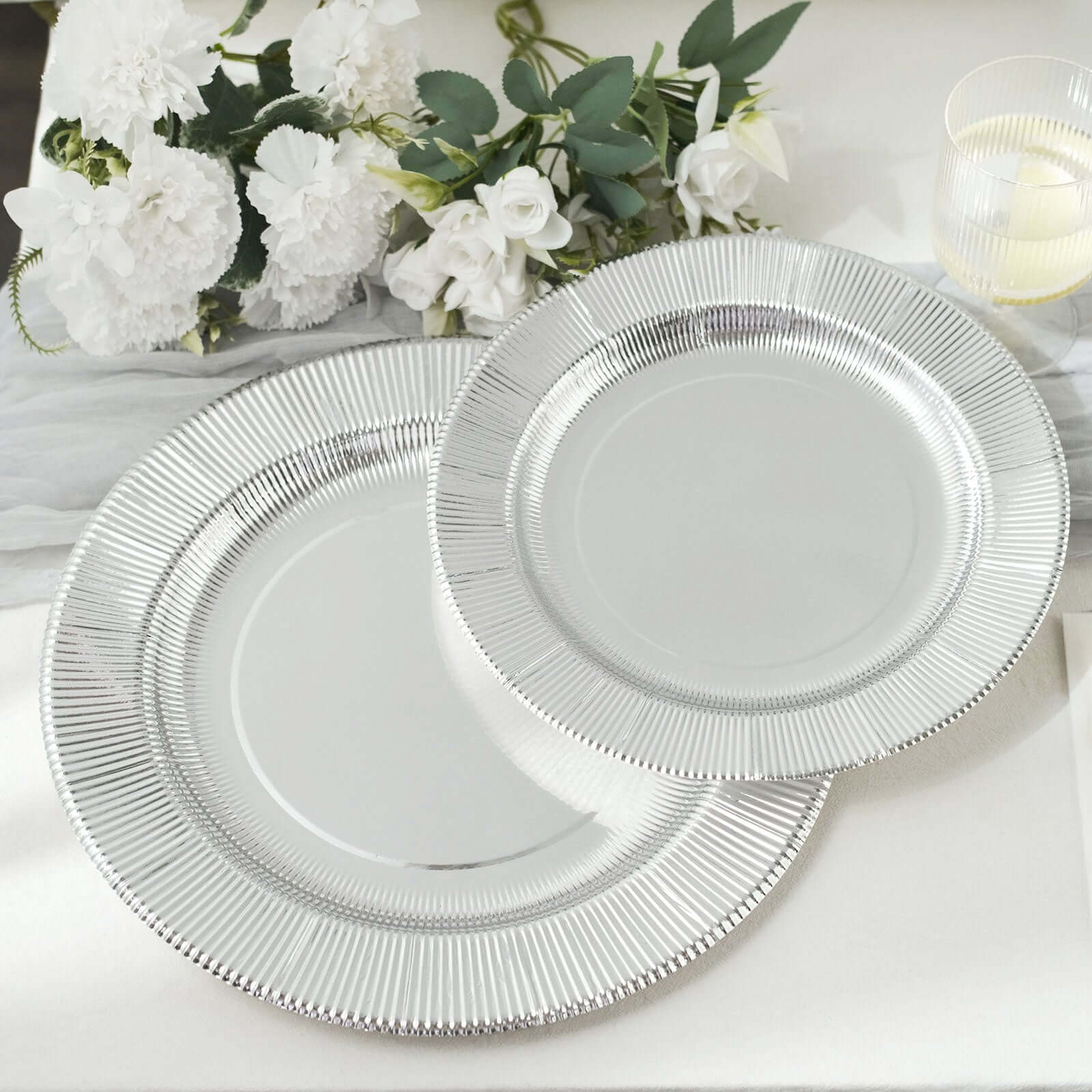 25-Pack Paper 10" Round Dinner Plates in Metallic Silver Sunray Design - Disposable Heavy Duty 350GSM Party Plates