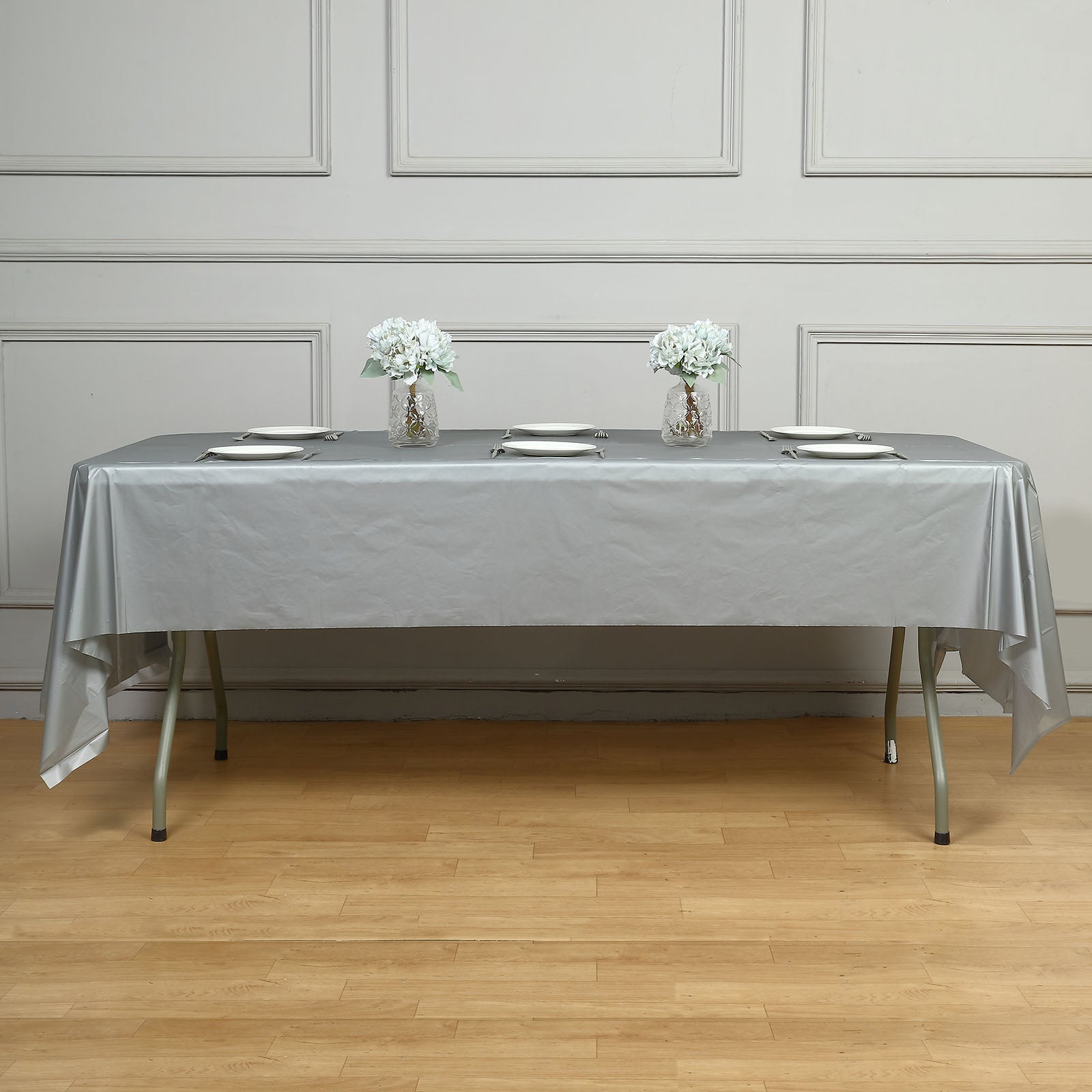 Silver Rectangle Plastic Table Cover, 54"x108" PVC Waterproof Disposable Tablecloth