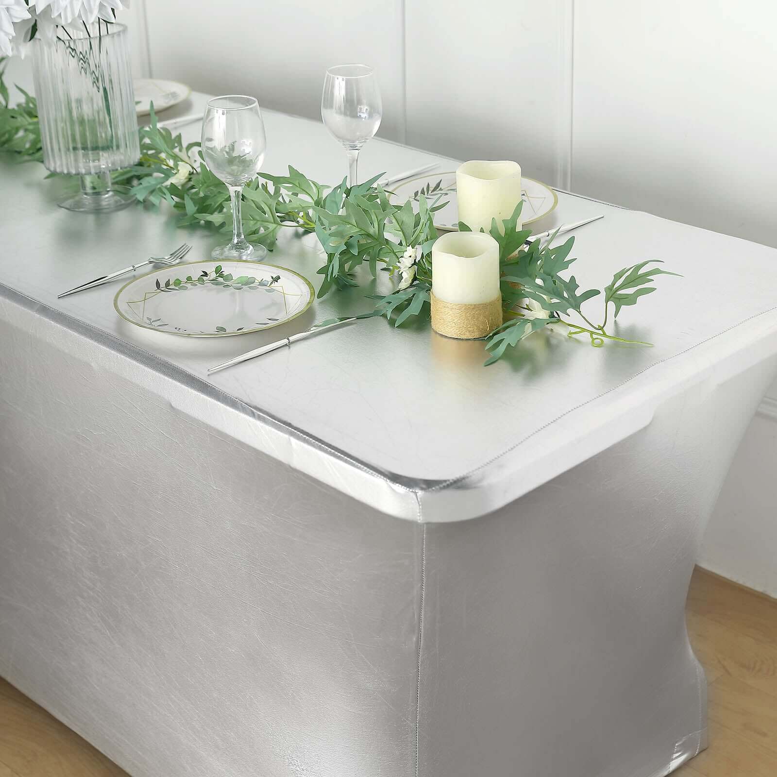 Stretch Spandex 72"x30" Rectangle Tablecloth Metallic Silver - Form-Fitting Table Cover