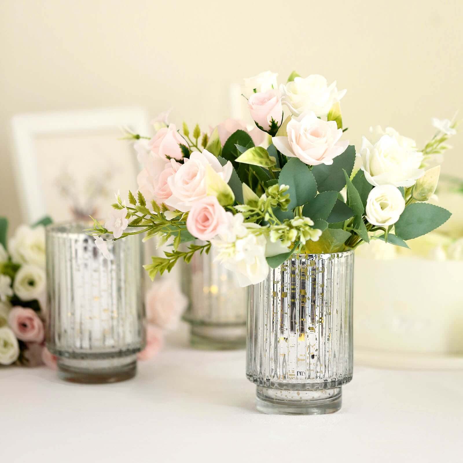 3-Pack Mercury Glass Hurricane Candle Holders Silver Wavy Column Design - Votive Pillar Vase 5"