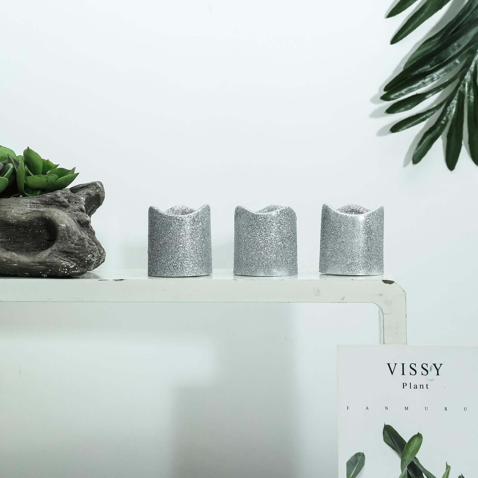 12-Pack LED Votive Candles Glittered Silver Design - Reusable Flameless Battery Operated Lights