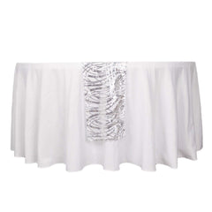 Sequin Mesh 12"x108" Table Runner Silver Stylish Wave Embroidery