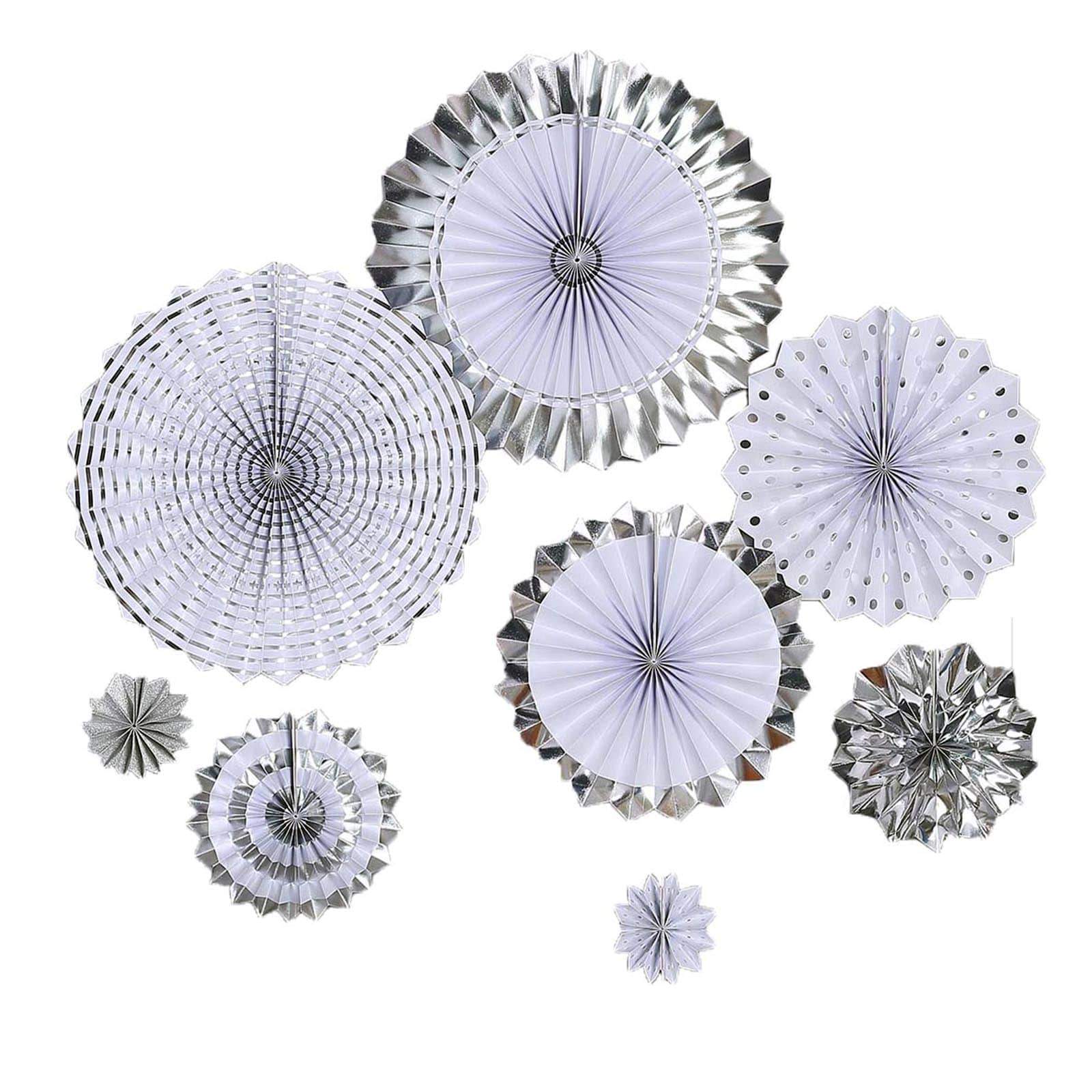 Set of 8 Silver White Hanging Paper Fan Decorations, Pinwheel Wall Backdrop Party Kit - 4", 8", 12", 16"