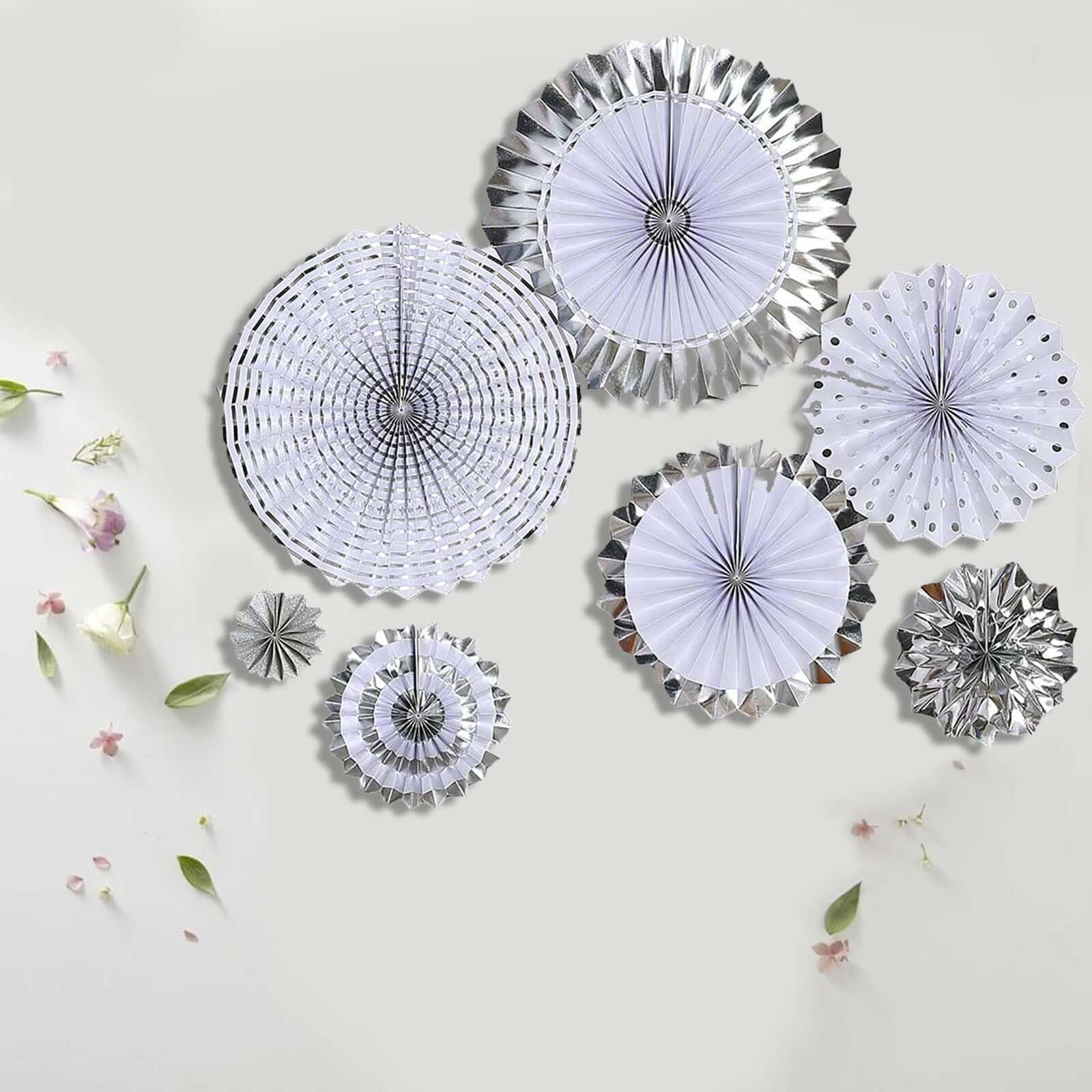 Set of 8 Silver White Hanging Paper Fan Decorations, Pinwheel Wall Backdrop Party Kit - 4", 8", 12", 16"