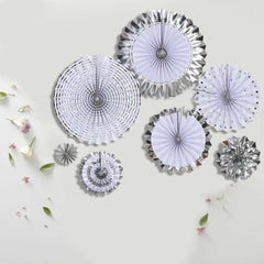 Set of 8 Silver White Hanging Paper Fan Decorations, Pinwheel Wall Backdrop Party Kit - 4", 8", 12", 16"