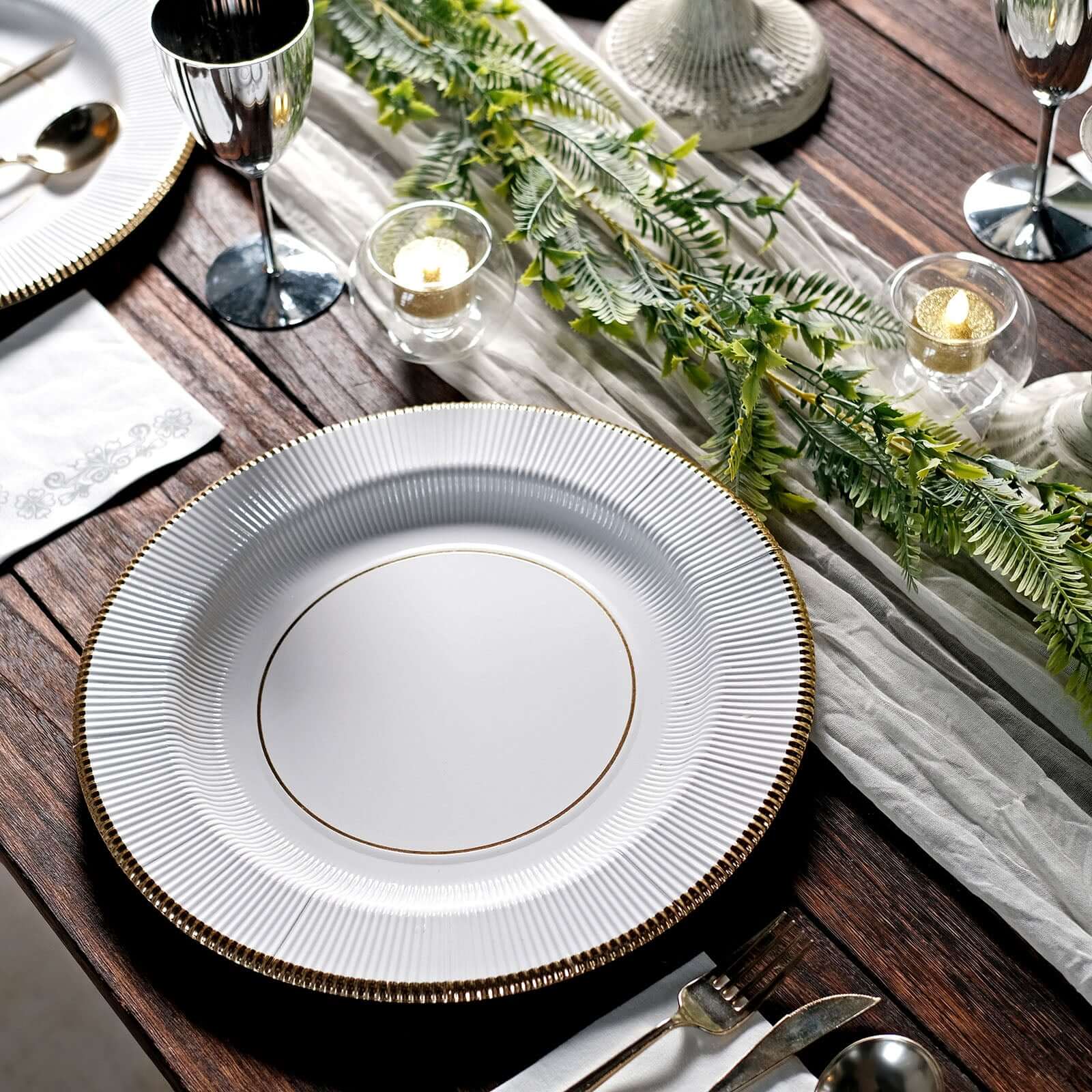 25-Pack Disposable Round Charger Plates in White Sunray Design with Gold Rim - 350GSM Heavy Duty Paper Chargers for Chic Table Settings 13"