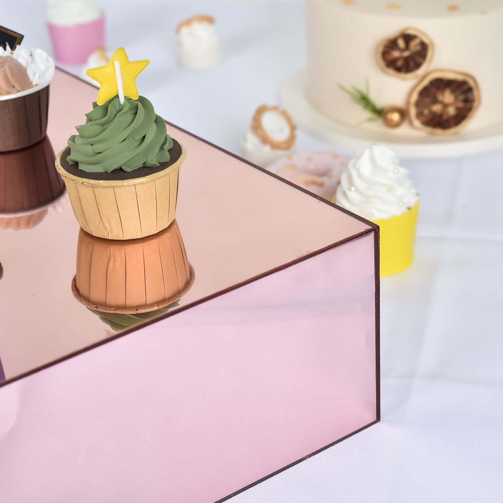 Acrylic Cake Box Stand Pedestal Riser Mirror Finish Rose Gold - Display for Desserts and Events 14"x14"