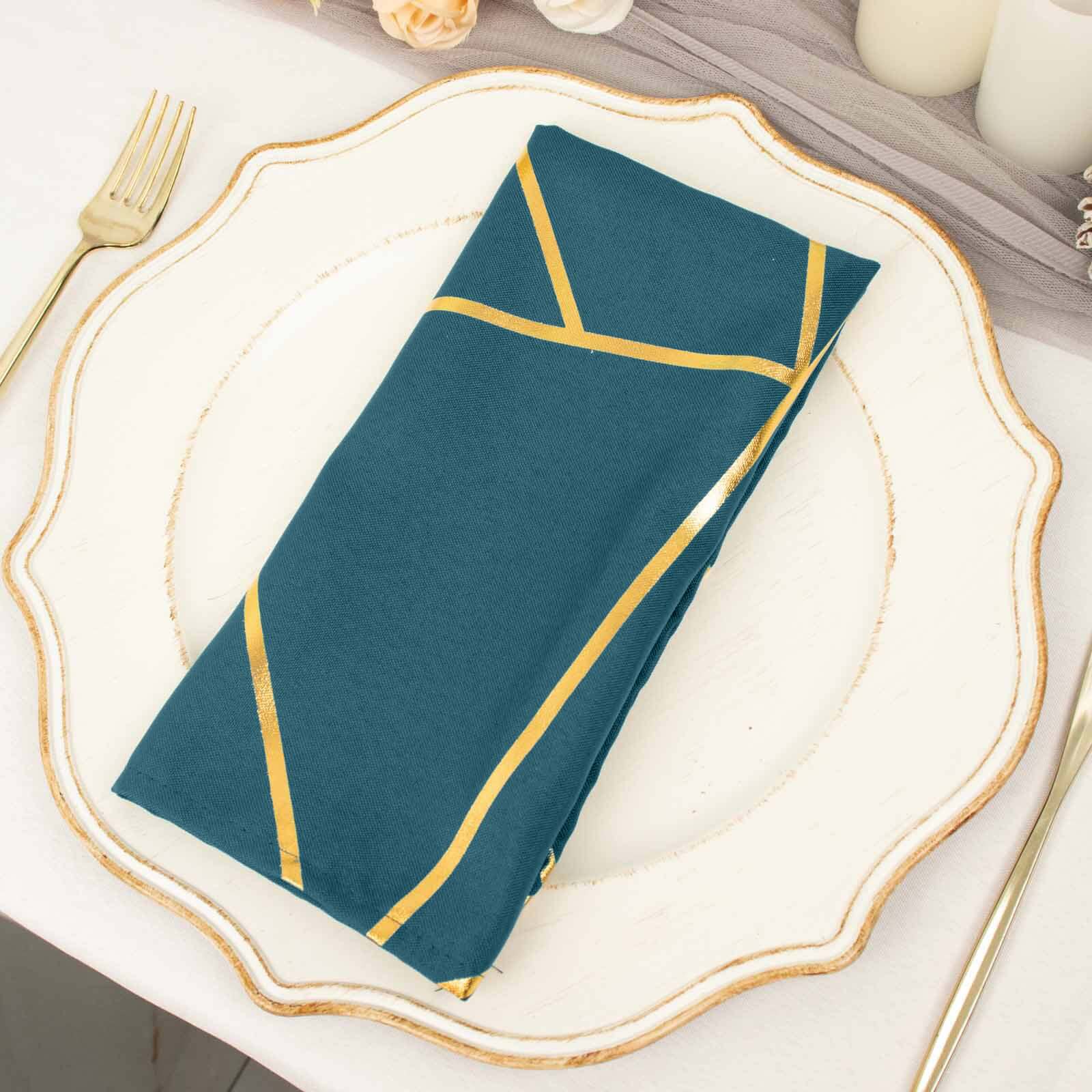 5 Pack Polyester 20"x20" Napkins Peacock Teal with Gold Geometric Foil Pattern - Modern Reusable Dinner Napkins