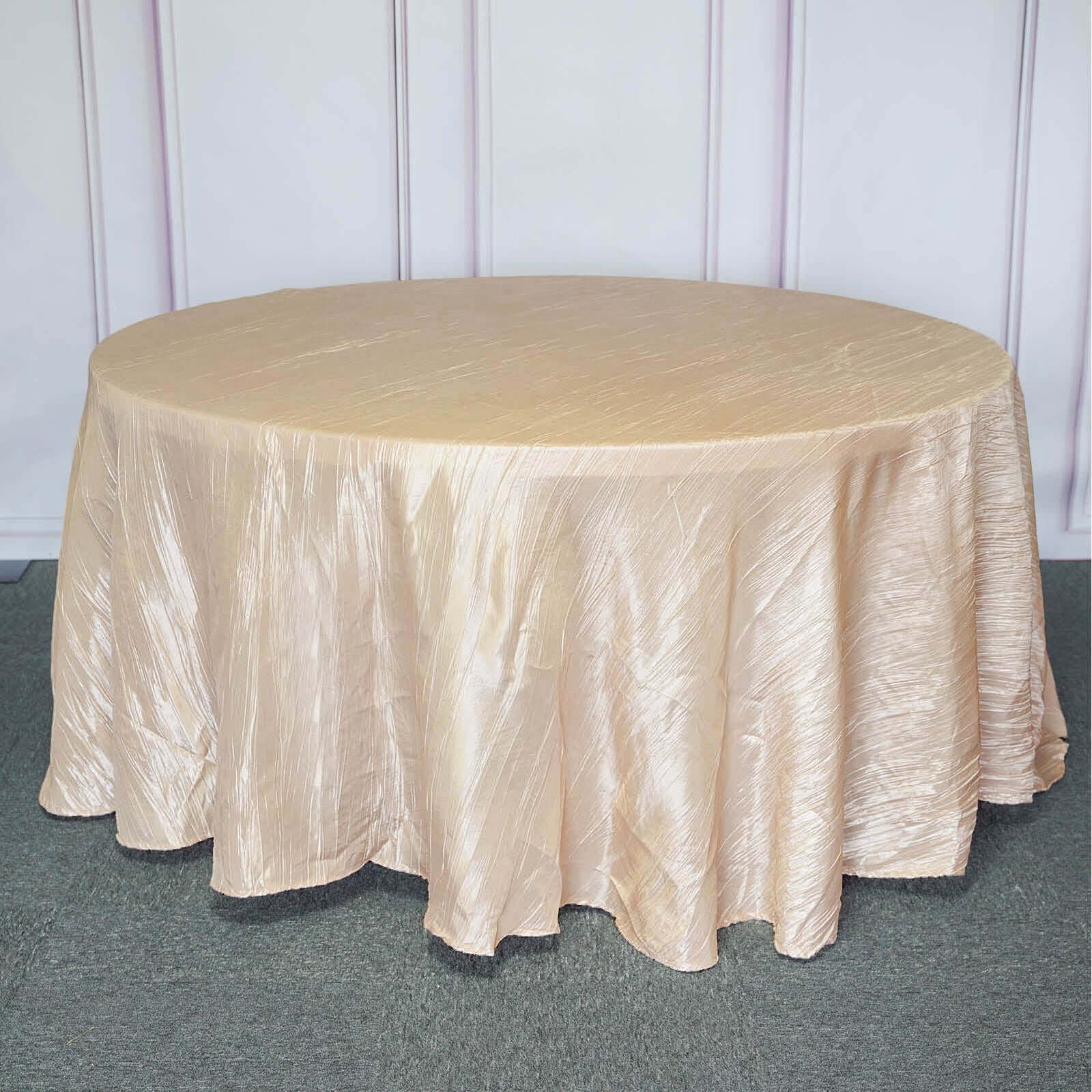 Taffeta 120" Round Tablecloth Beige - Seamless Accordion Crinkle Table Cover