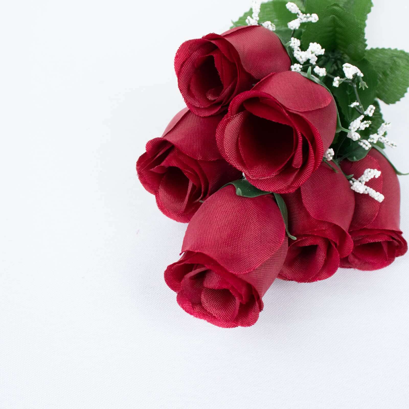 12 Bushes Burgundy Artificial Premium Silk Flower Rose Bud Bouquets