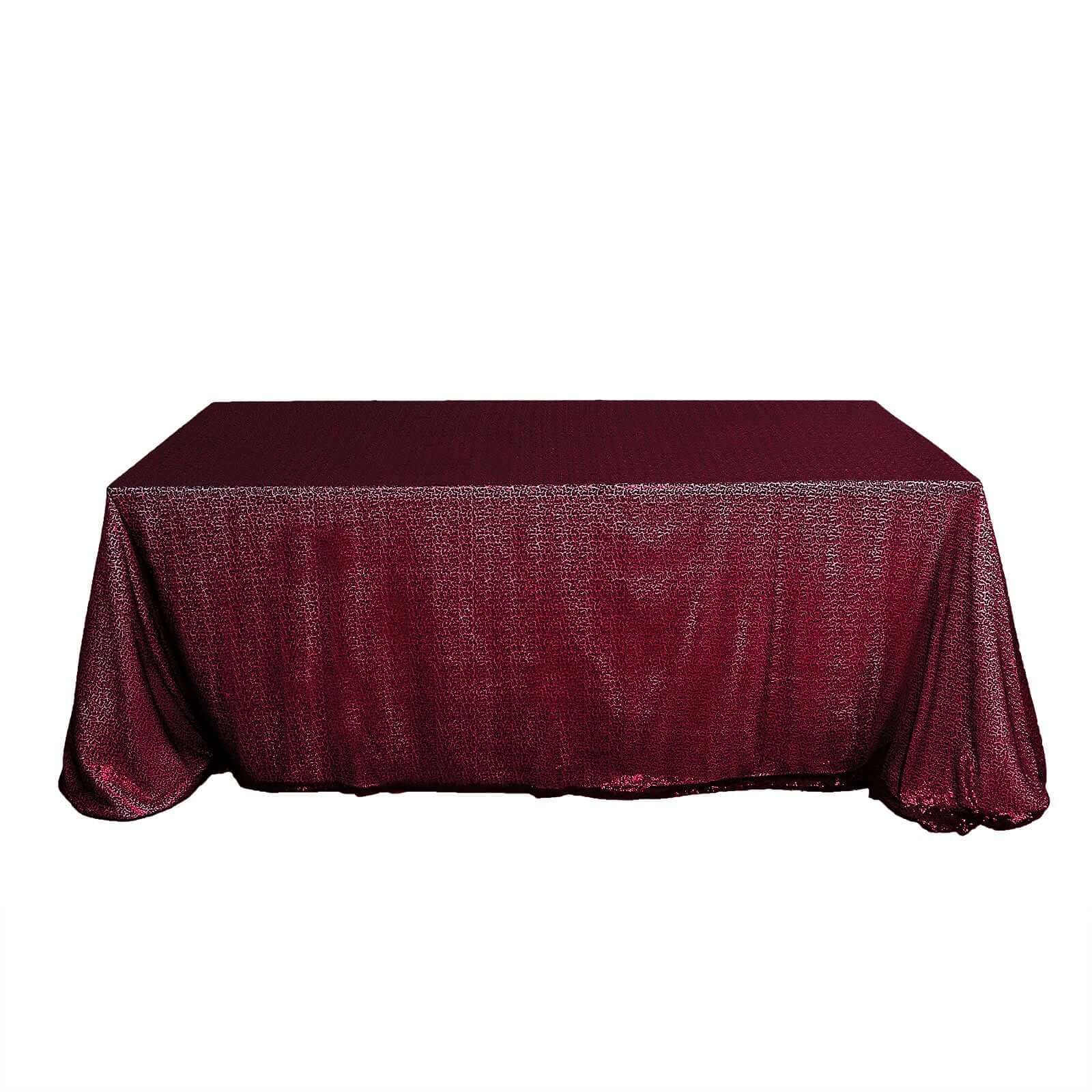 90x156" Burgundy Seamless Sequin Rectangle Tablecloth for 8 Foot Table With Floor-Length Drop