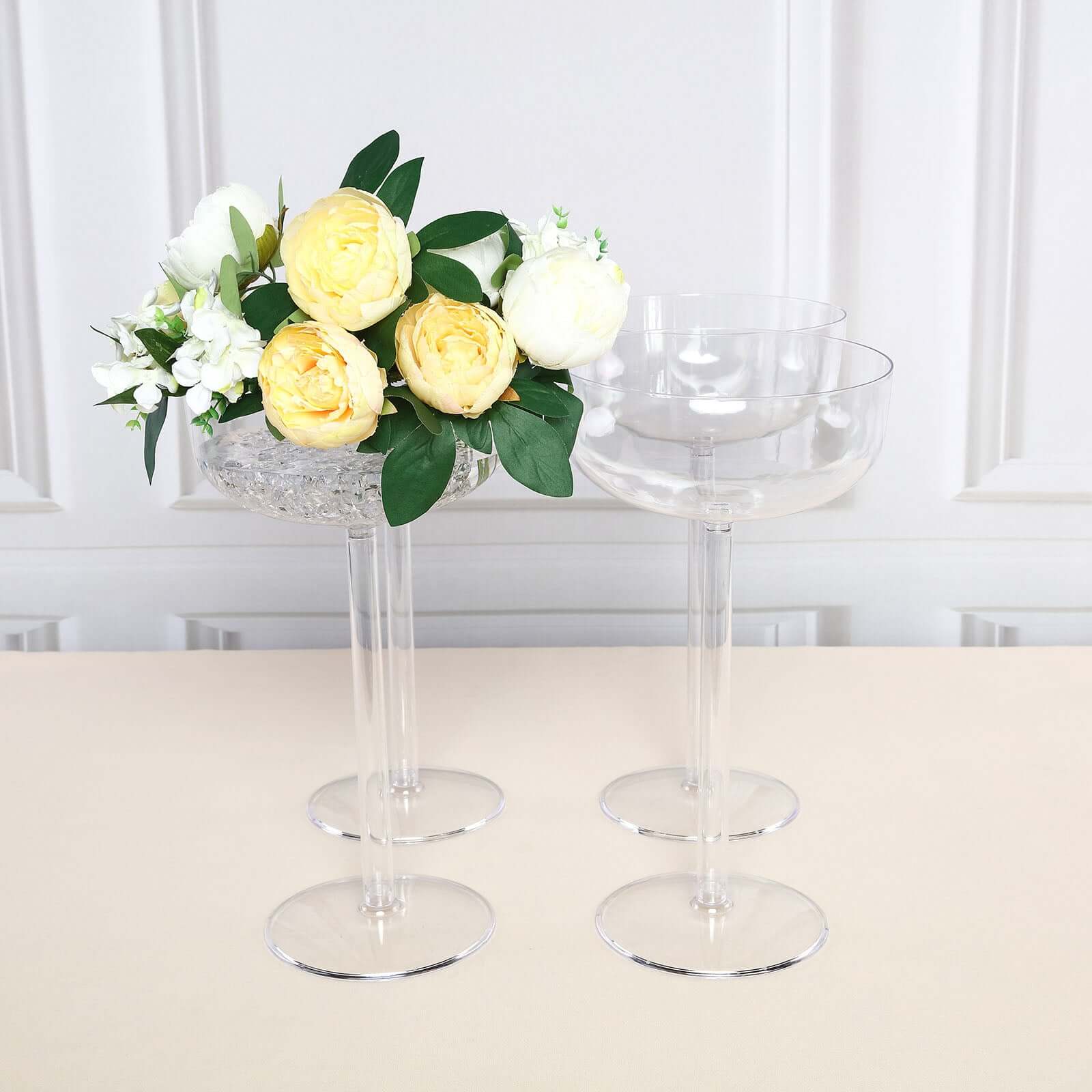 4-Pack Plastic Flower Vases Champagne Glass Design Clear - Fillable Long Stem Centerpieces for Events 18"