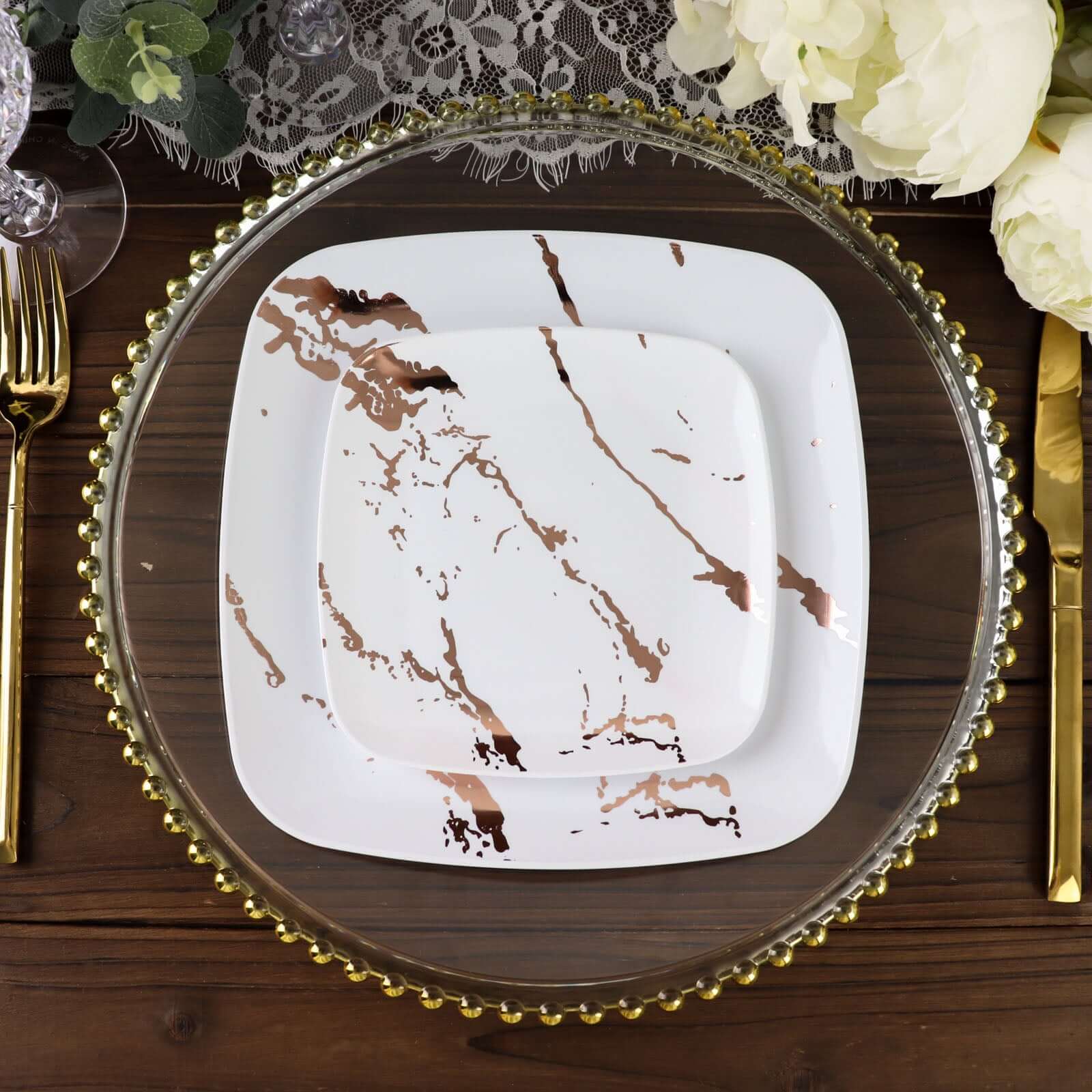 10-Pack Plastic 6" Square Appetizer Snack Plates in White with Rose Gold Marble Design - Disposable Dessert Party Plates for Weddings, Banquets & Special Events