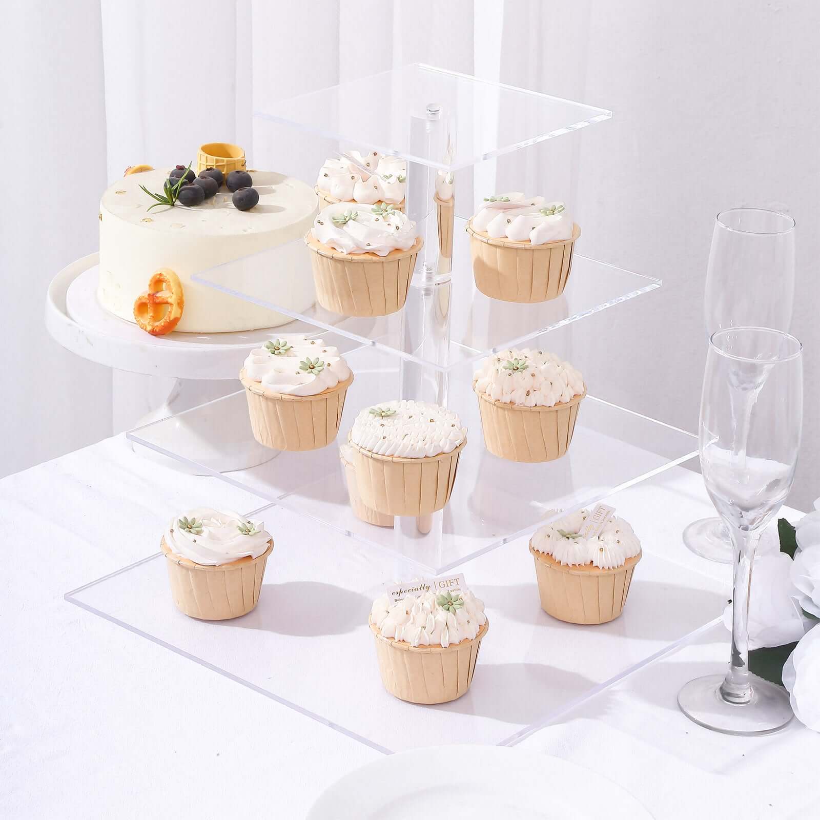 4-Tier Acrylic Square Cupcake Stand Clear - Heavy Duty Dessert Tower Display Holder for Pastries Appetizers & Snacks 12"