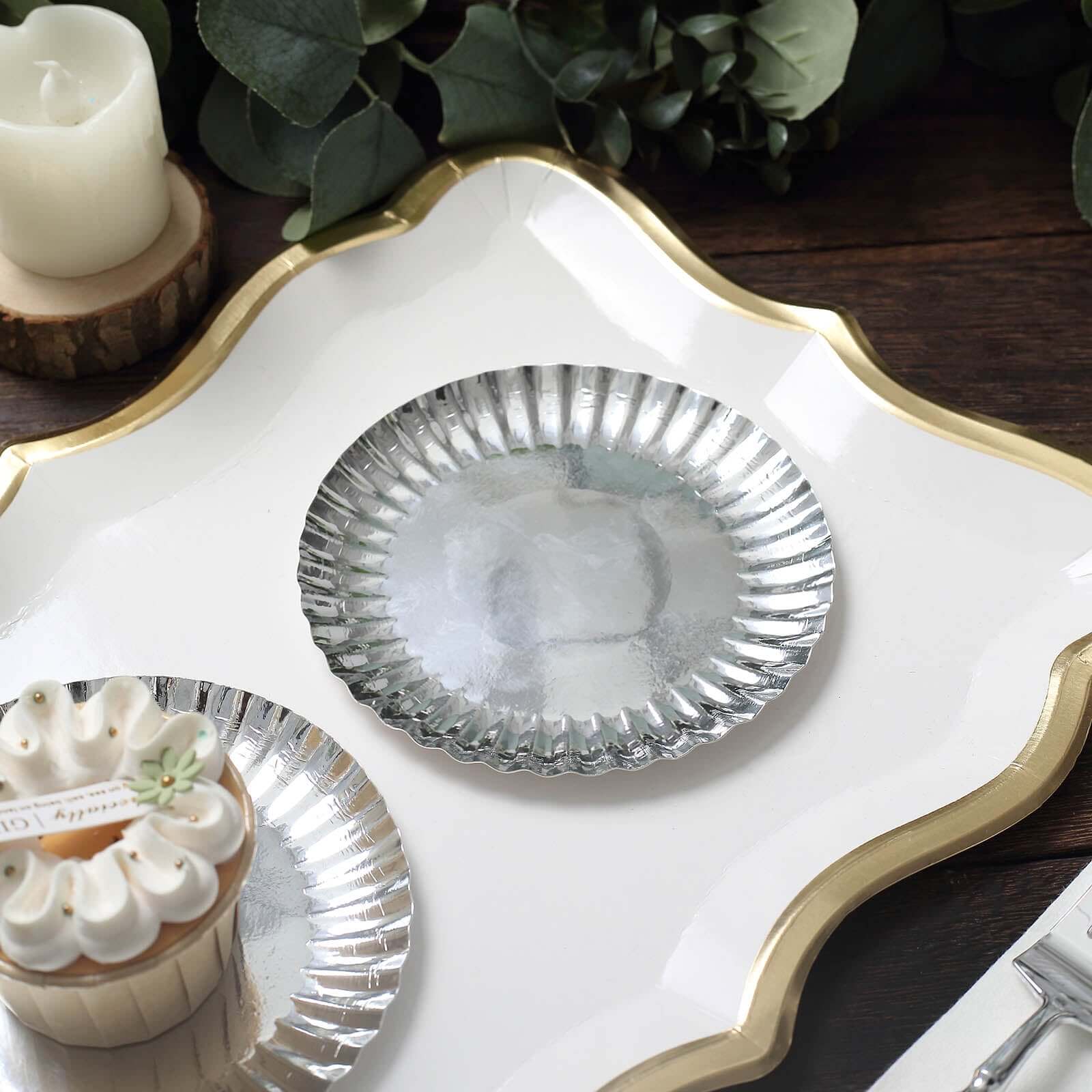 50-Pack Paper 5" Round Dessert Plates in Metallic Silver with Scalloped Rim - Disposable 250GSM Appetizer Party Plates