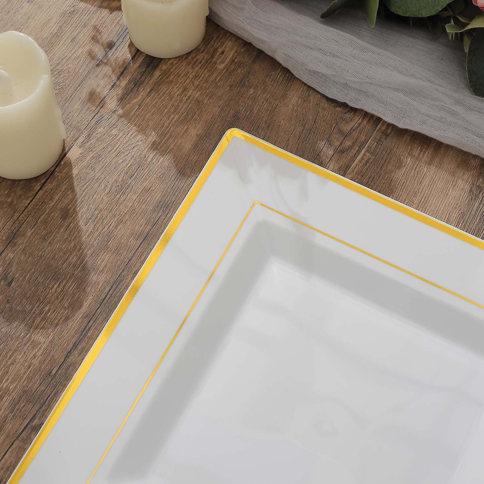 10-Pack Plastic Dinner Plates White Square with Gold Trim - Lightweight Disposable Plates for Events 10"