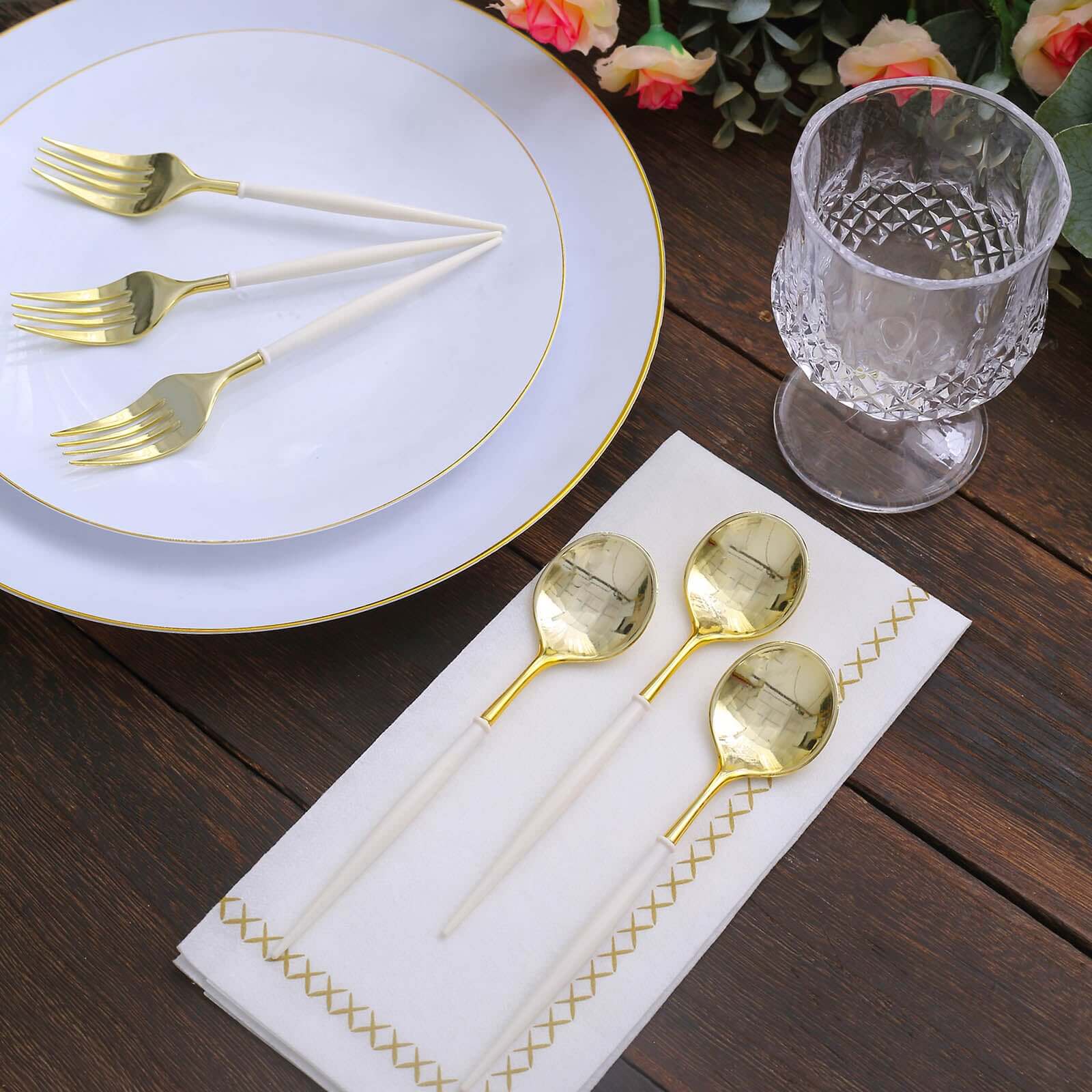 24-Pack Plastic Fork and Spoon Set Gold/Ivory - Heavy Duty Disposable Modern Utensils 6"