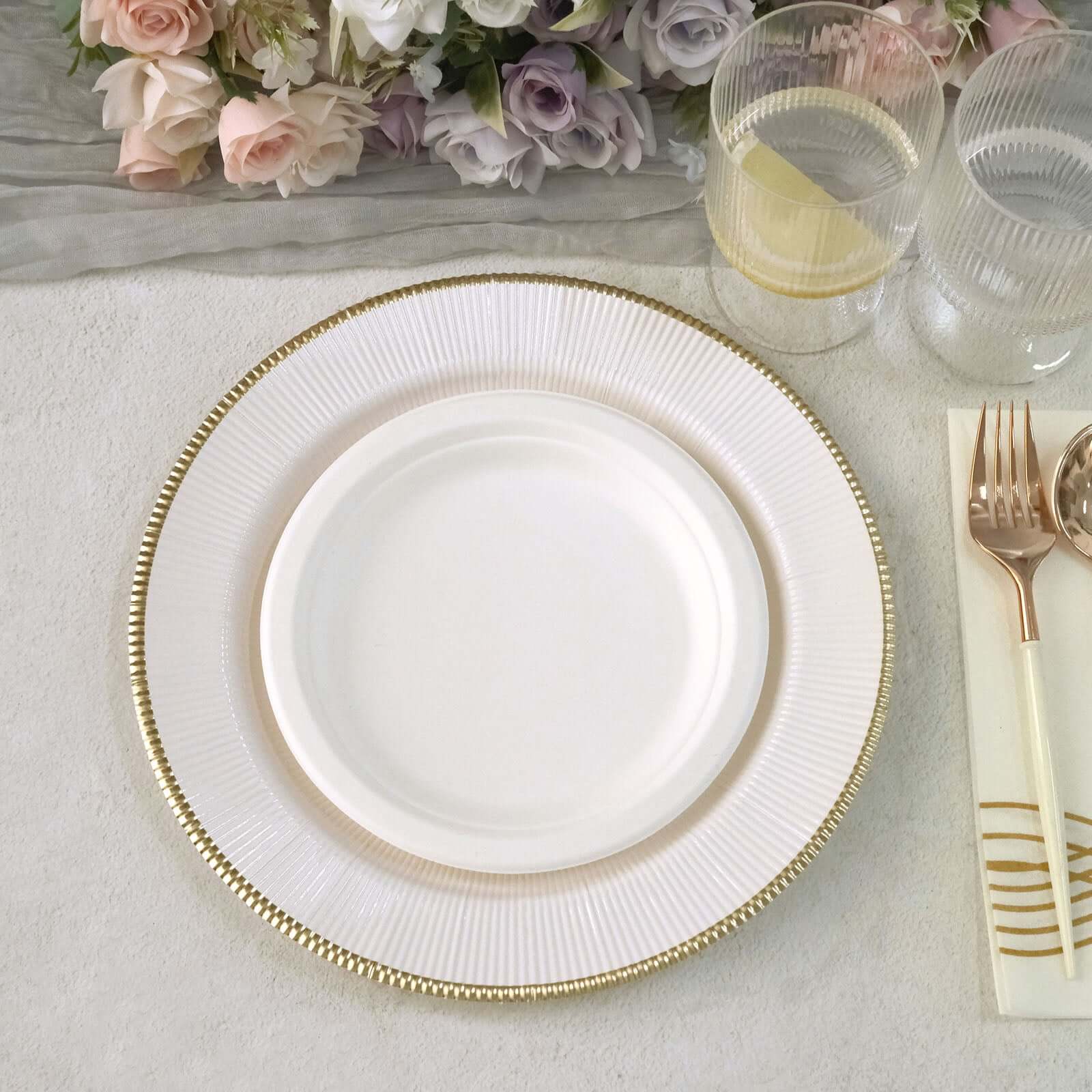 25-Pack Paper 10" Round Dinner Plates in White Sunray Design with Gold Rim - Disposable Heavy Duty 350GSM Party Plates