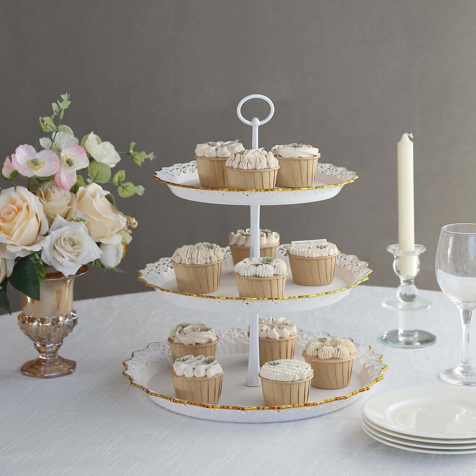 3-Tier Plastic Round Cupcake Stand 15" White with Lace Gold Rim Scalloped Edges - Multifunctional Space Saving Dessert Display Tower Pastry Serving Tray for Classy Events