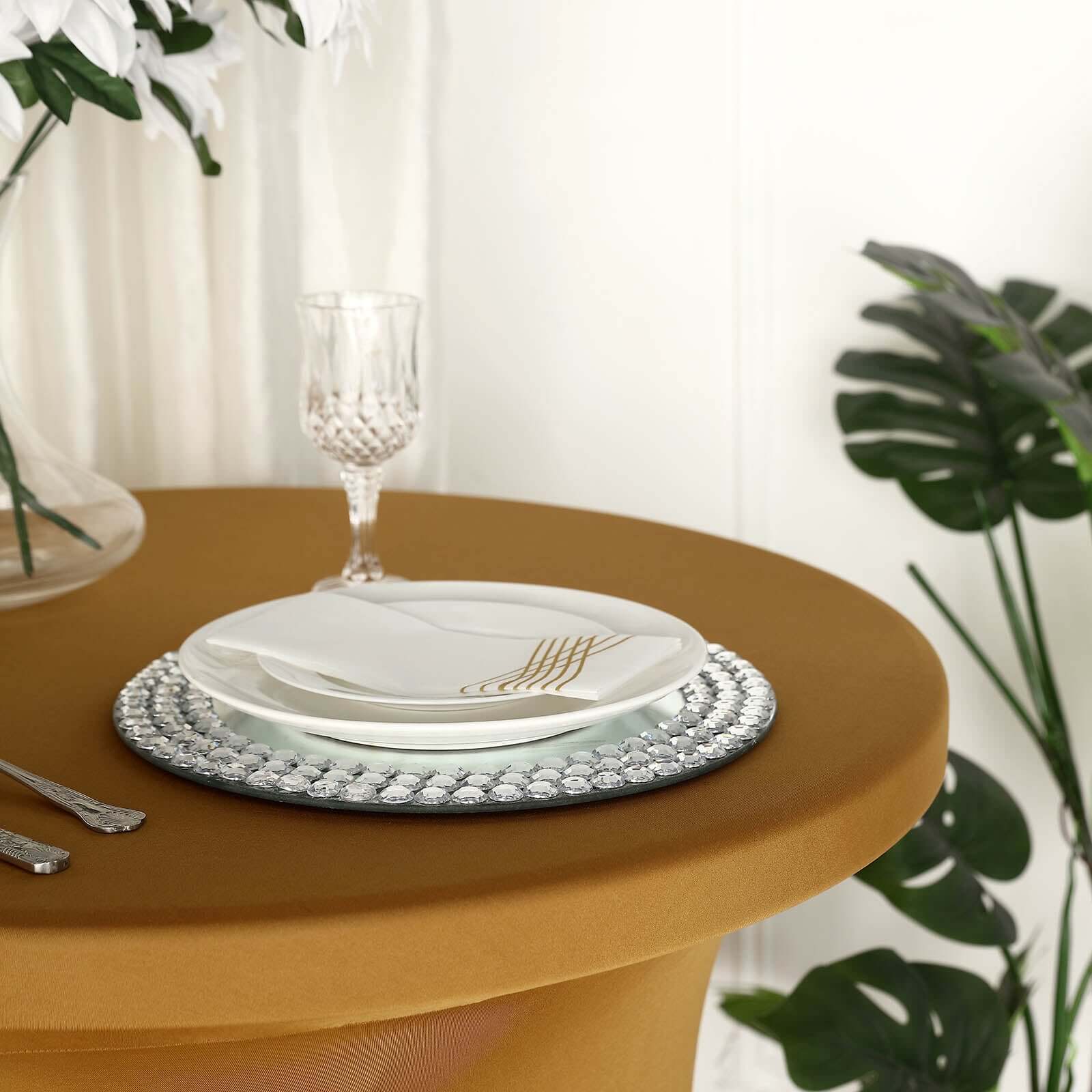 Spandex 32" Round Cocktail Table Cover Skirt Gold With Natural Wavy Drapes - Stylish & Sophisticated Event Decor