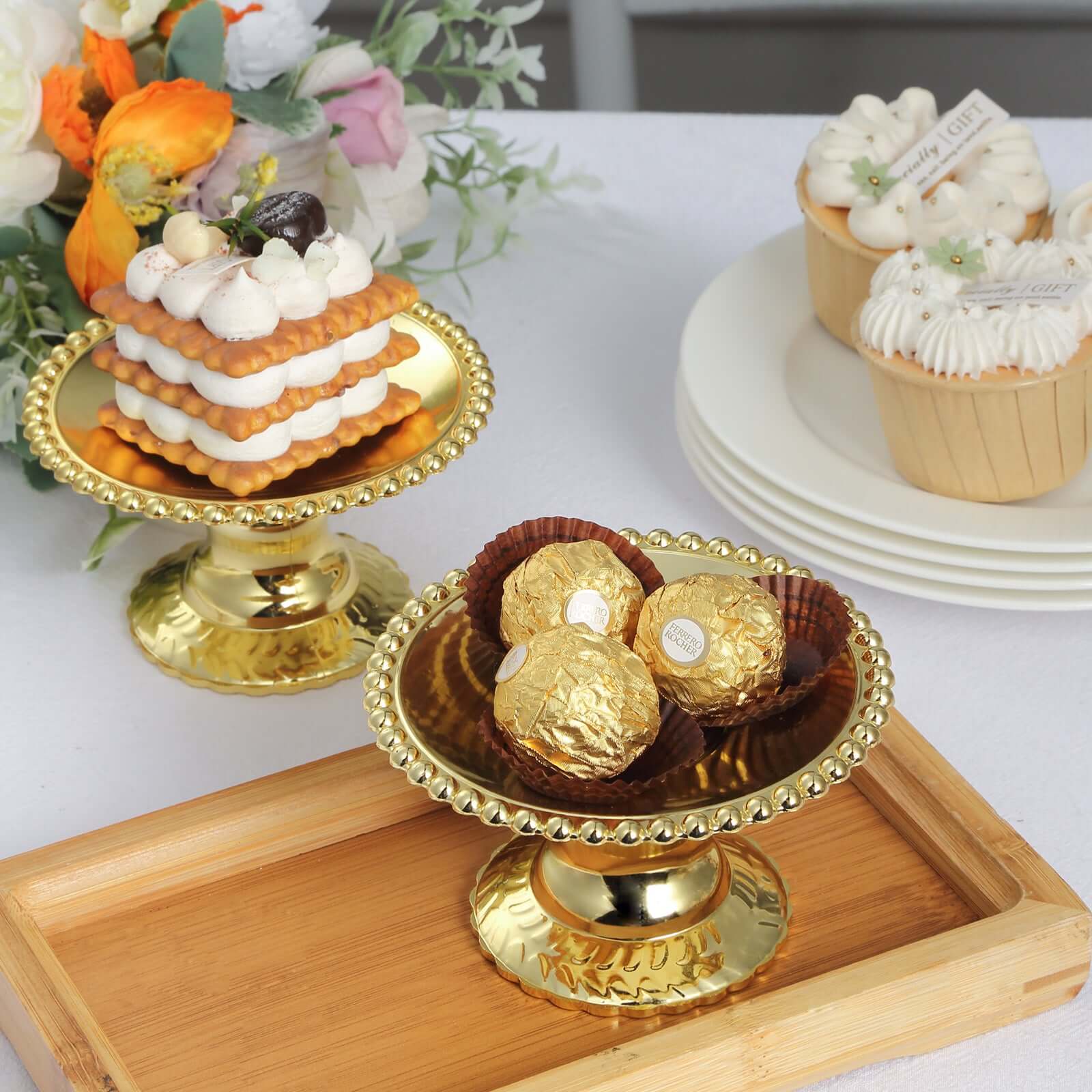 12-Pack Plastic Pedestal Cupcake Plates Mini Gold Mirror Finish Beaded Rim - Great for Displays 5"