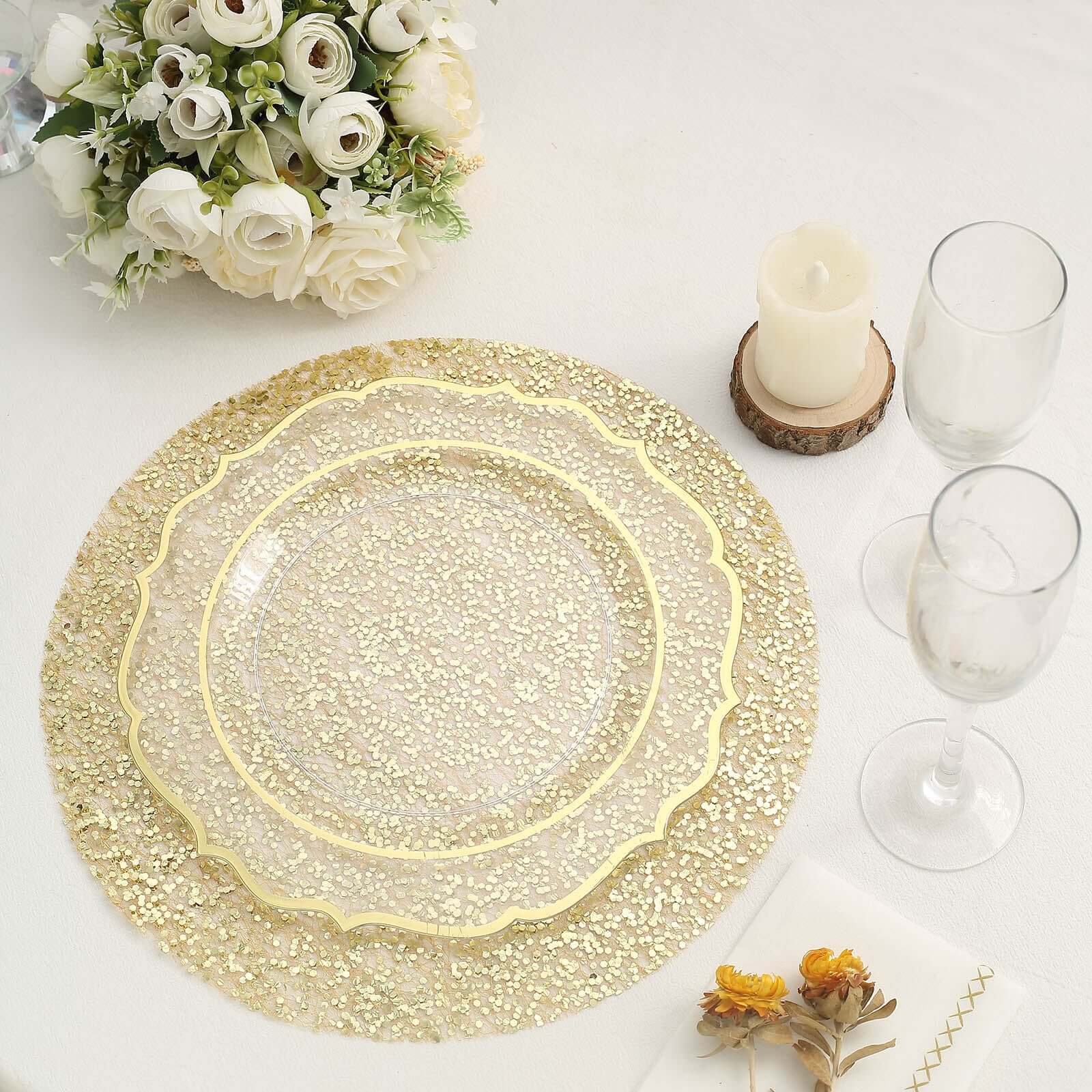 10-Pack Table Placemats Sequin Design Metallic Gold Round - Mesh Disposable Dust-Free Dining Mats 13"