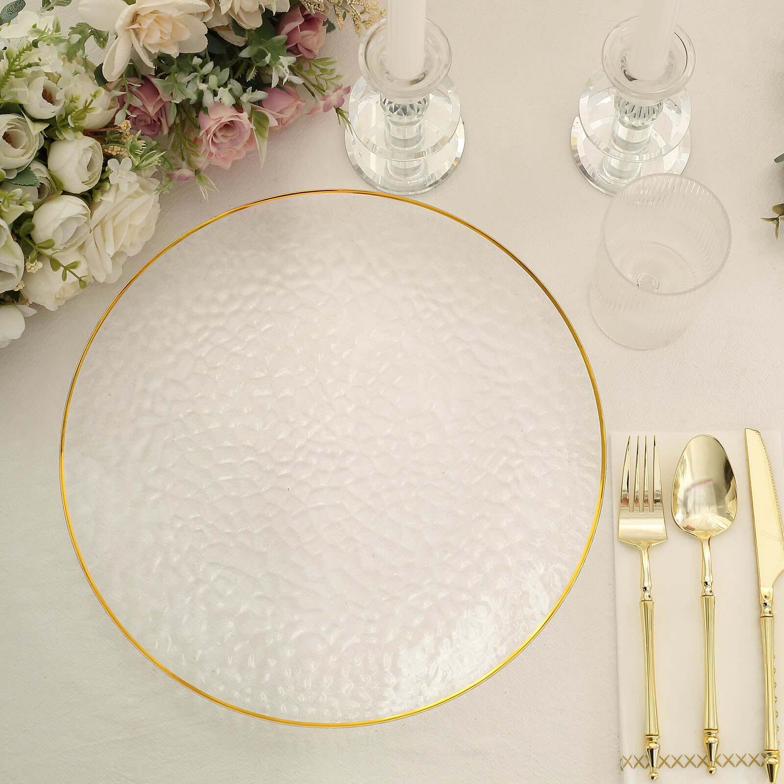 6-Pack Economy Plastic Round Charger Plates 13" in Clear Hammered Design with Gold Rim, Decorative Dinner Party Serving Plates