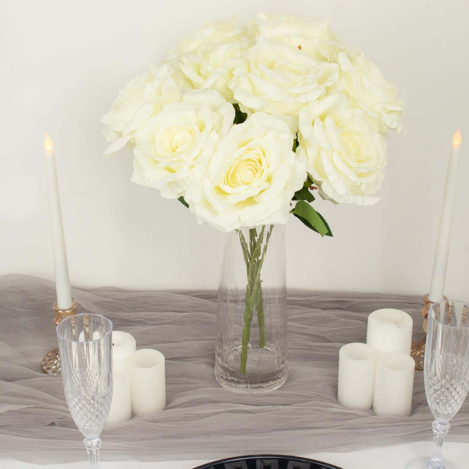 2 Bushes 17" Ivory Premium Silk Jumbo Rose Flower Bouquet, High Quality Artificial Wedding Floral Arrangements