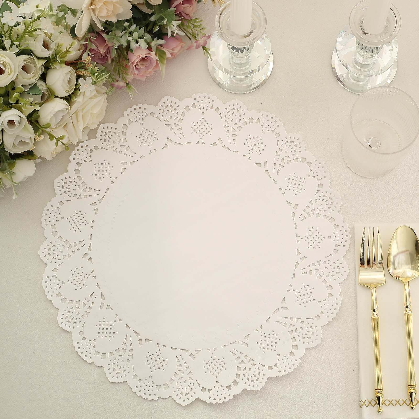 100 Pcs Paper 12" Round Placemats in White - Food Grade Lace Paper Doilies for Dessert Display & Table Decor