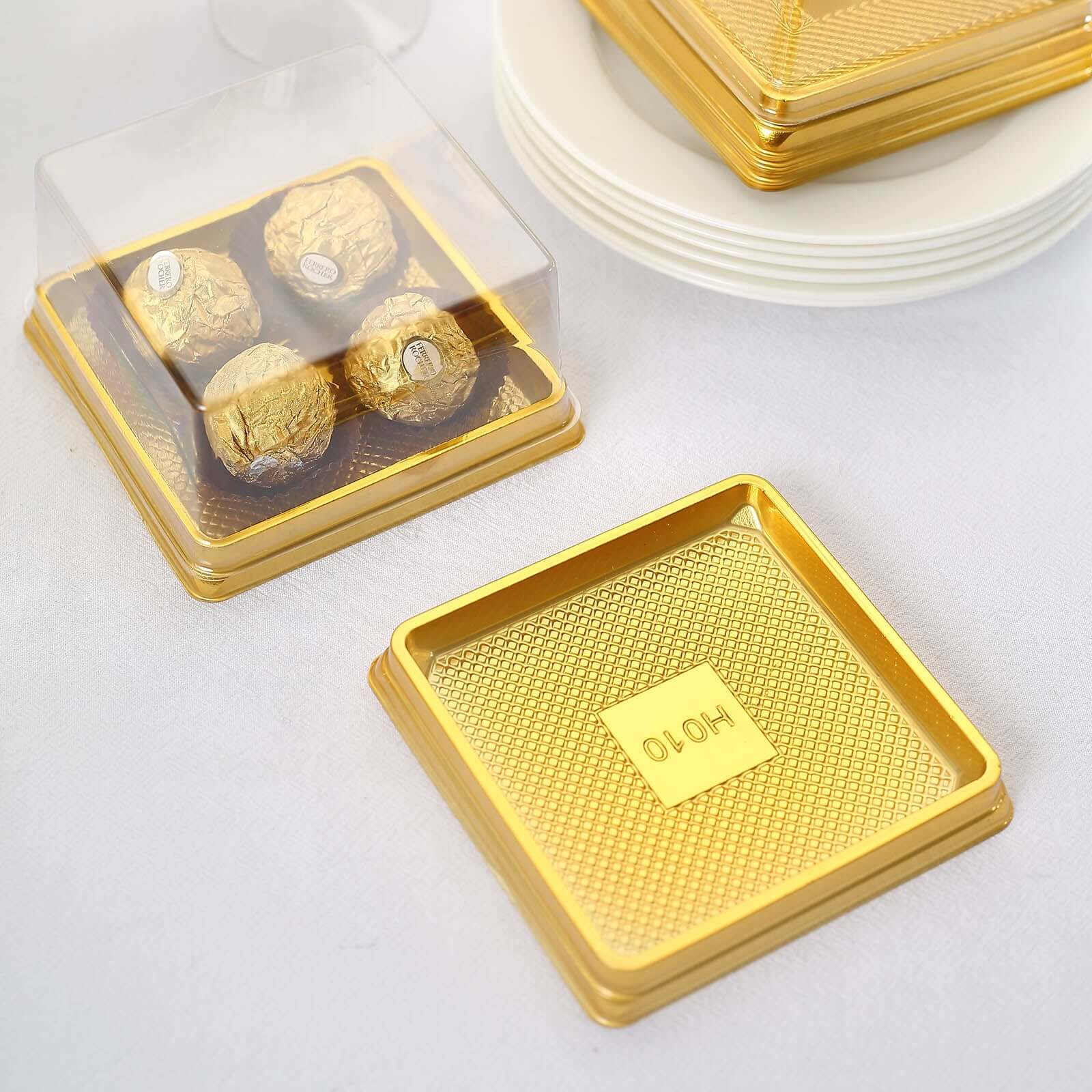 50 Pack Clear Gold Square Mini Plastic Cupcake Party Favor Boxes, Muffin Dessert Containers - 4"x4"x2.5"