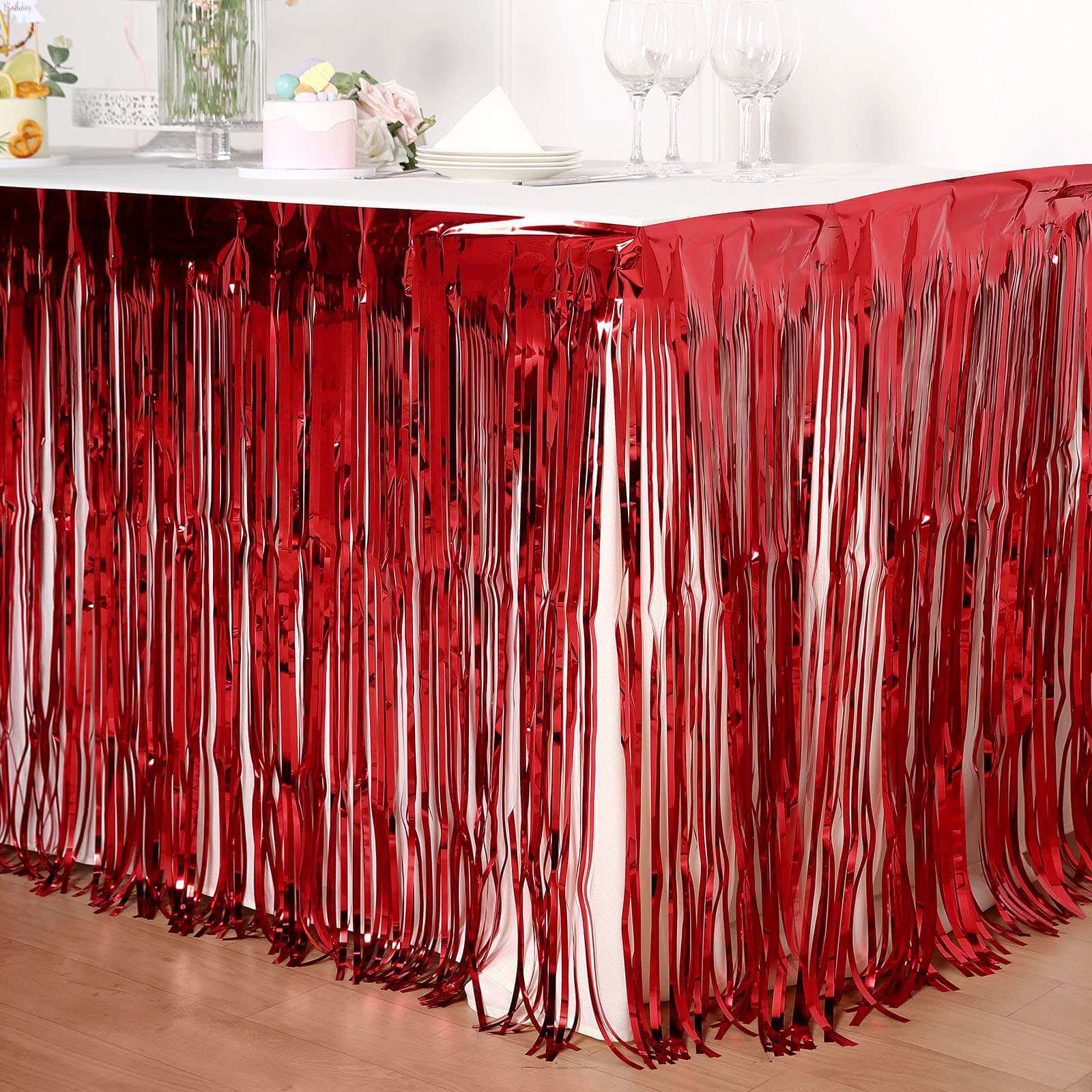 Metallic Foil Fringe Table Skirt Red with Self Adhesive Backing - Durable Tinsel Skirt for Parties 30"x9ft