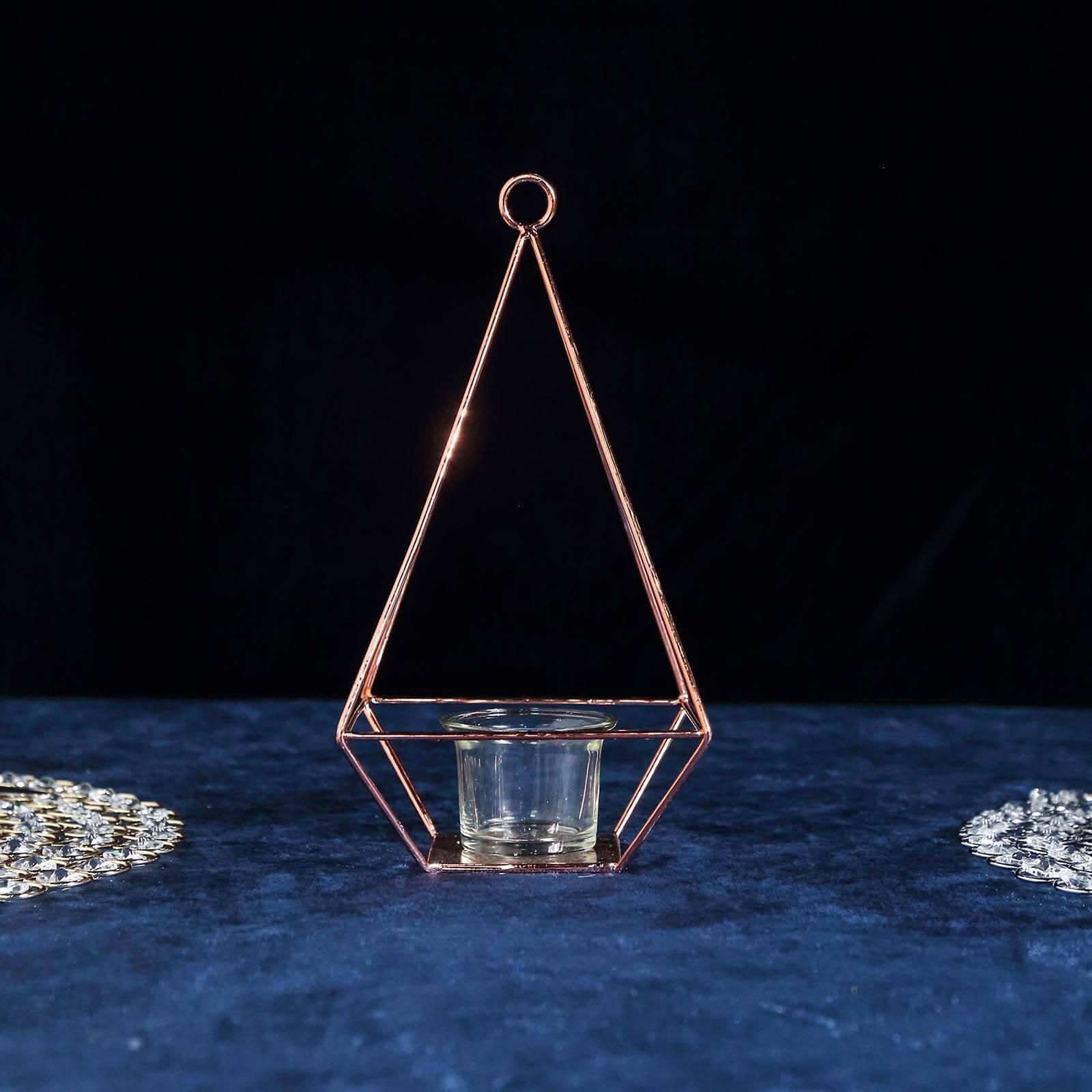 2-Pack Tealight Candle Holders Rose Gold Metal Pyramid Geometric Open Frame - Flower Stand 9"