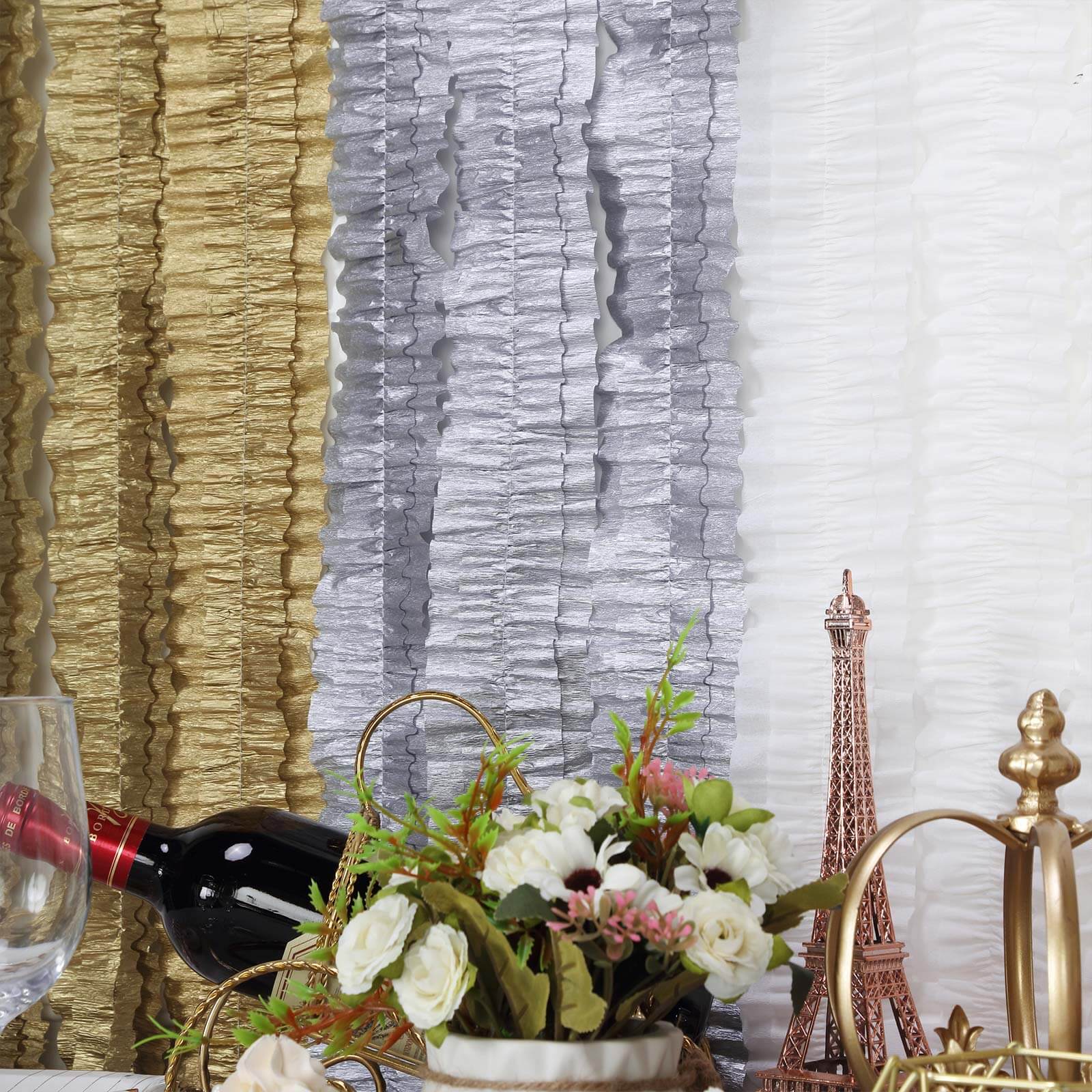 3 Rolls 28ft Silver Ruffled Tissue Paper Party Streamers, Crepe Paper Backdrop Decorations