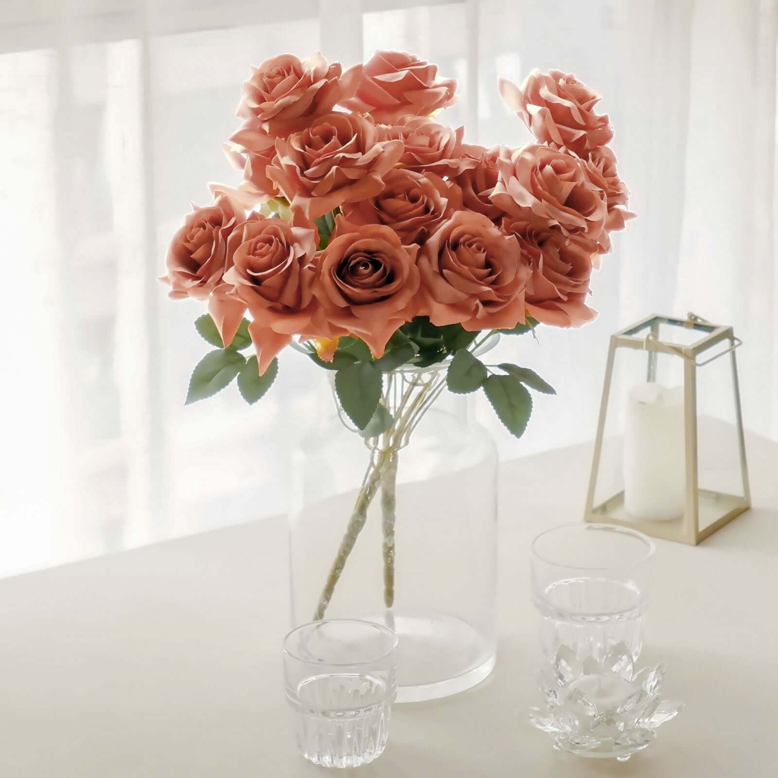 2 Bouquets 17" Terracotta (Rust) Real Touch Artificial Silk Rose Flower Bushes