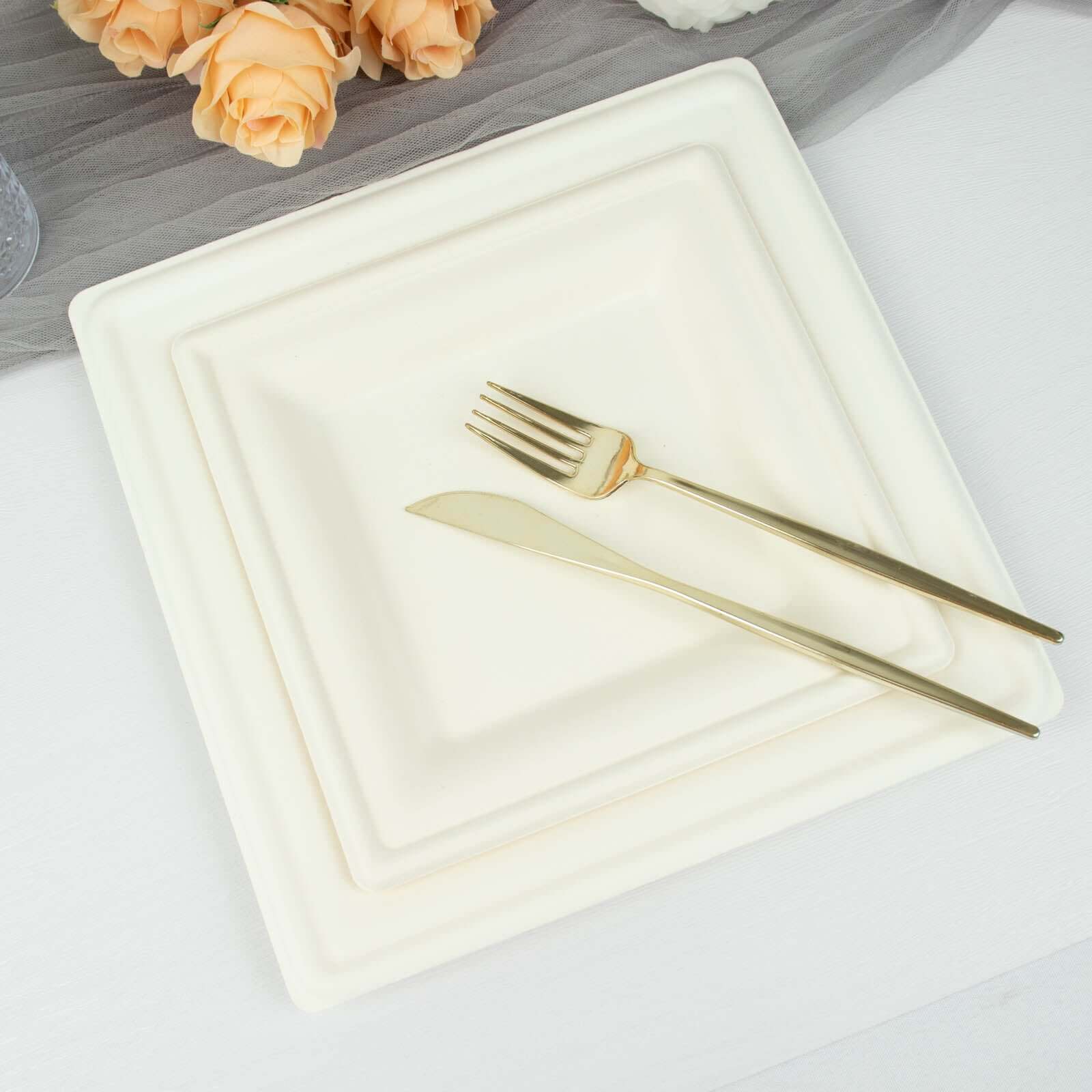 50-Pack Bagasse 8" Square Dessert Plates White with Wide Rim - Eco Friendly Sugarcane Appetizer/Salad Plates for Parties & Events