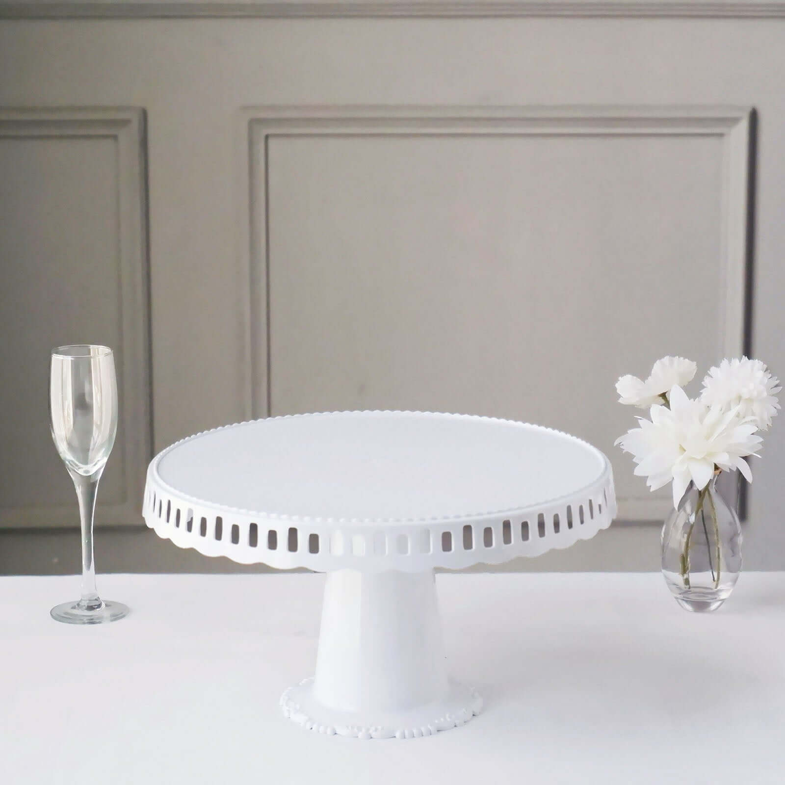 4-Pack Plastic Round Pedestal Cake Stands White - Reusable Cupcake Pastry Display Risers with Hollow Ribbon Trim Edges for Stylish Dessert Presentation 13"