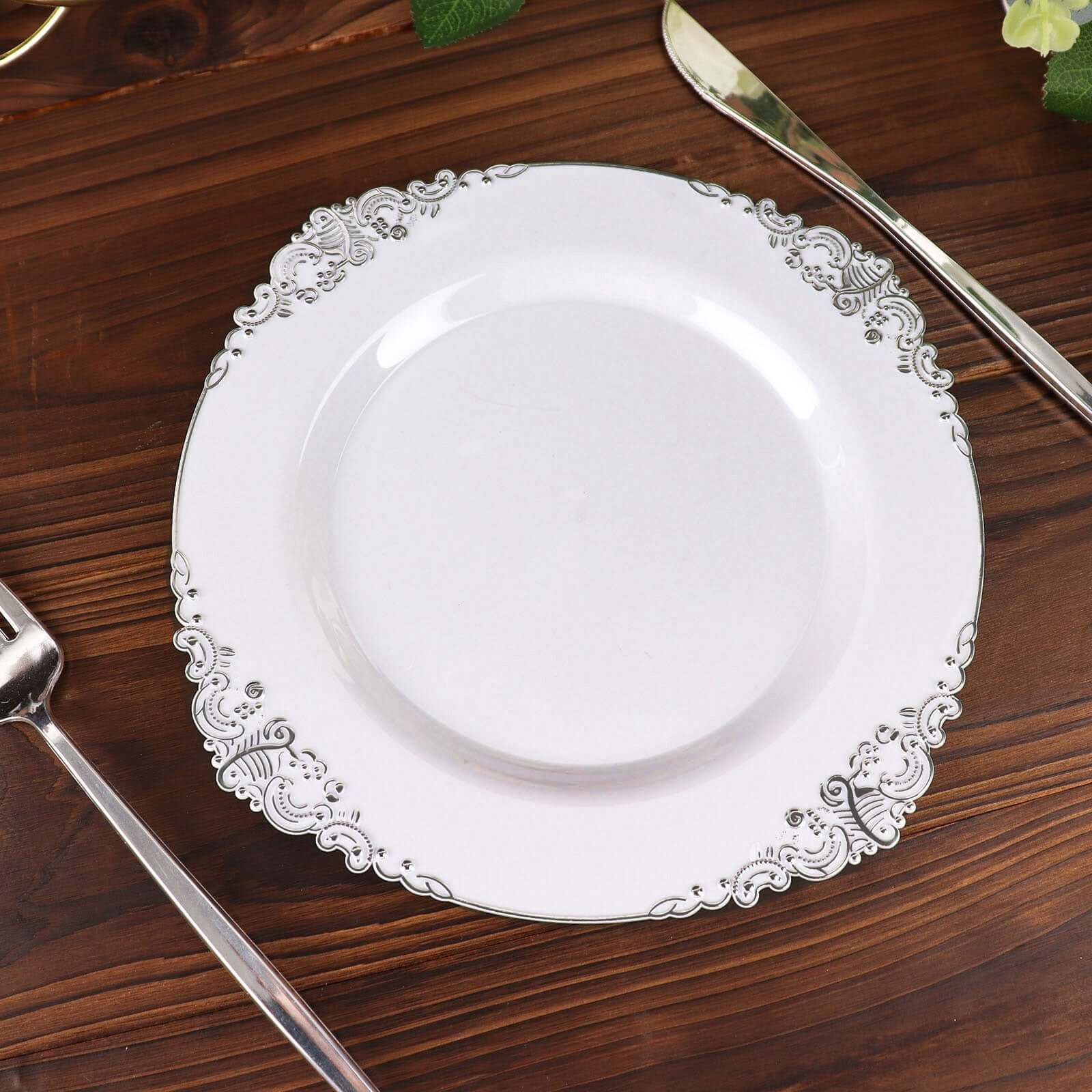 10-Pack Plastic 8" Round Dessert Plates in White with Silver Leaf Embossed Rim - Disposable Vintage Baroque Style Salad Plates