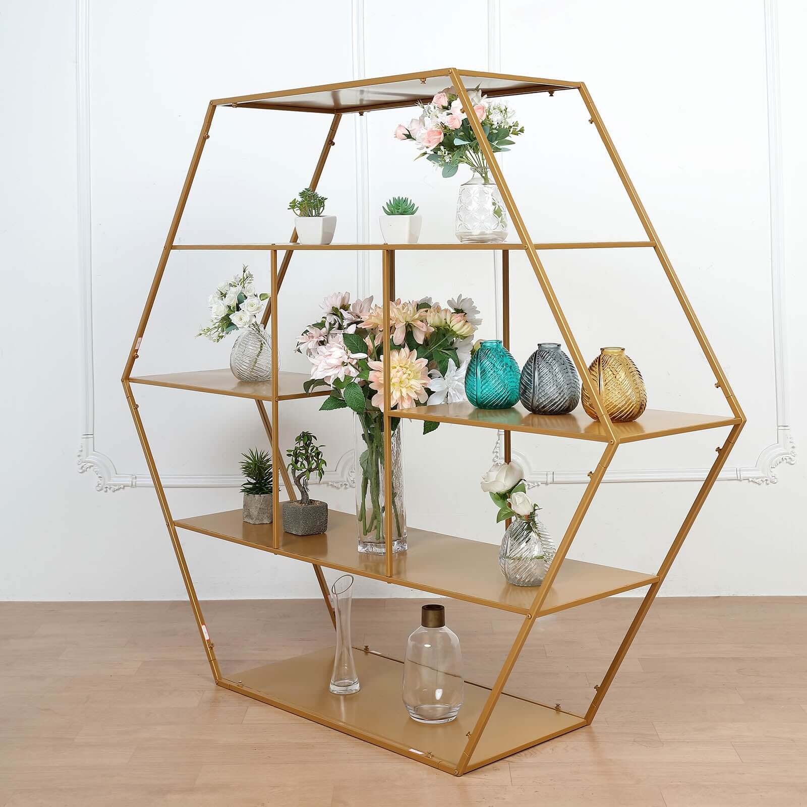 Metal Hexagonal Cake Dessert Display Stand Gold - Large Multi Functional Modern Bookcase Party Backdrop for Balloons Floral Installations & Event Decor 4ft